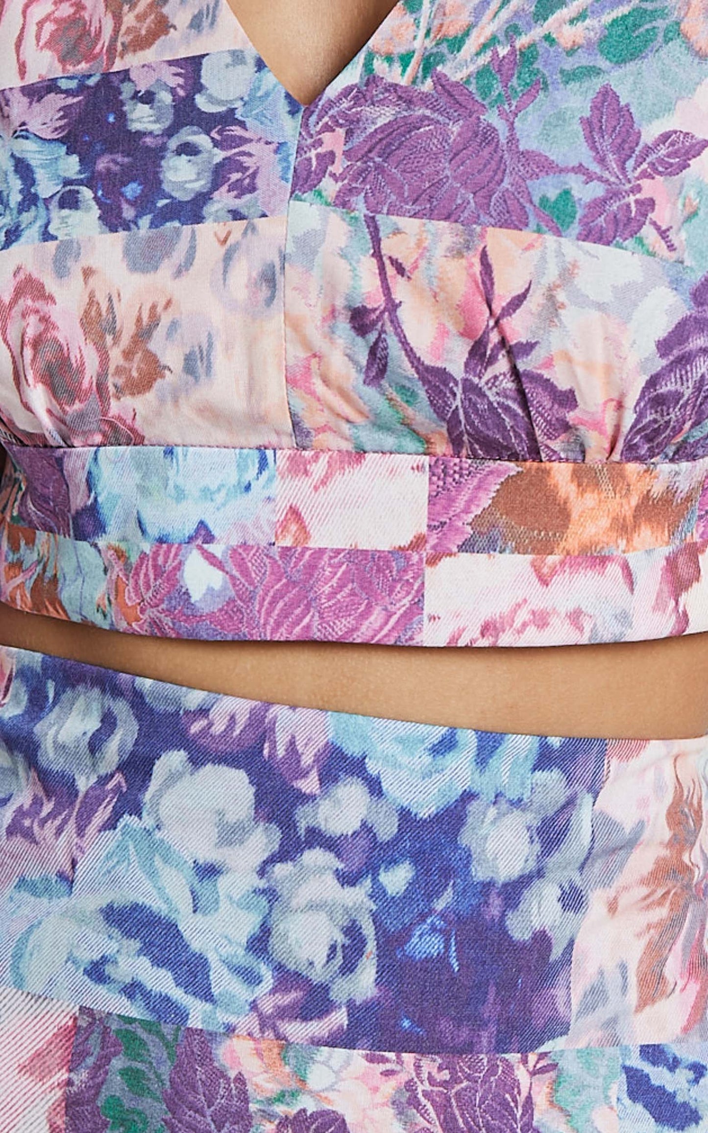 Kimberly Two Piece Set - Puff Sleeve Crop Top and High Waist Midi Skirt in Vintage Garden Print B