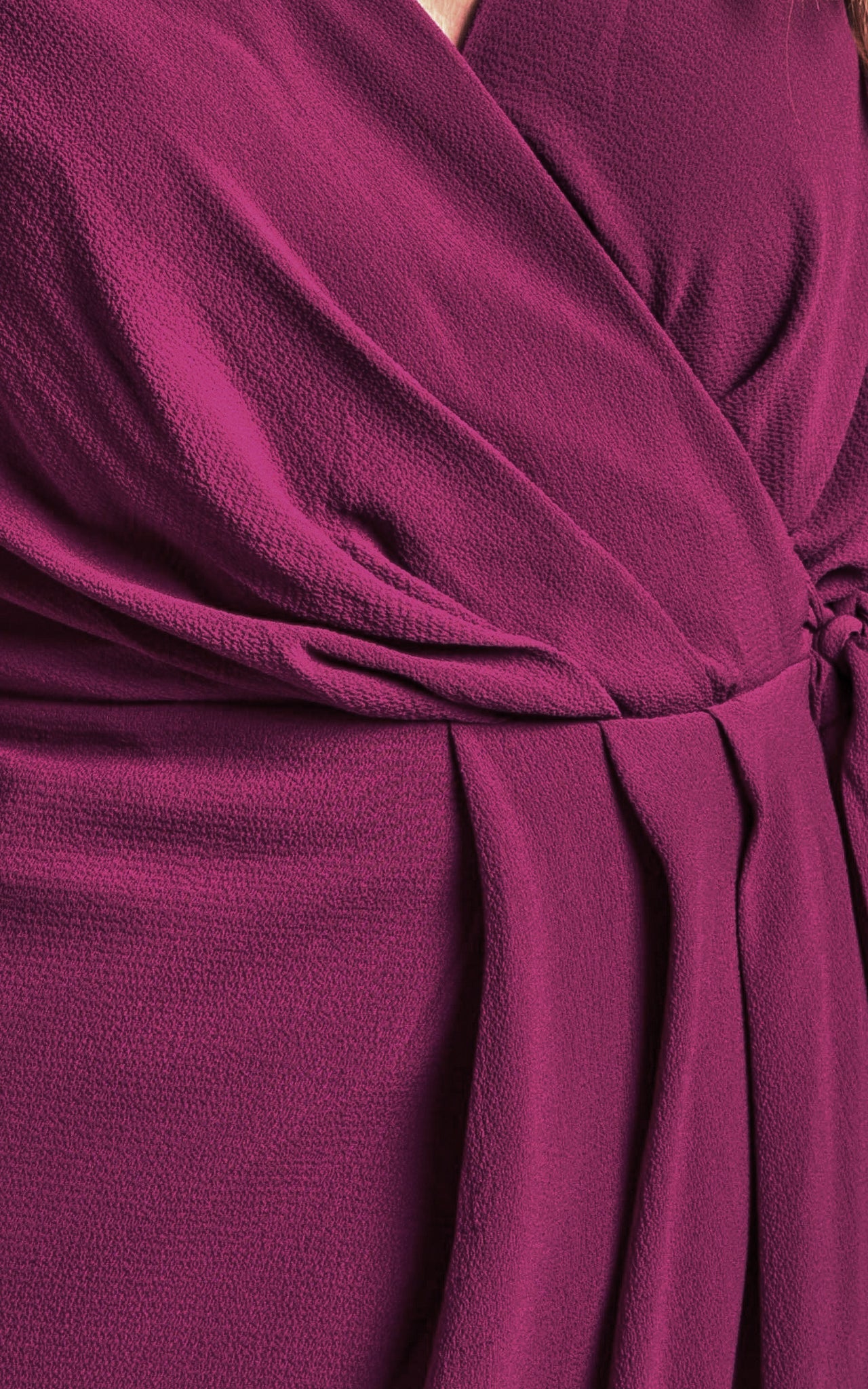 Meagan Midi Dress - V Neck Flutter Sleeve Pleated Detail Wrap in Aubergine