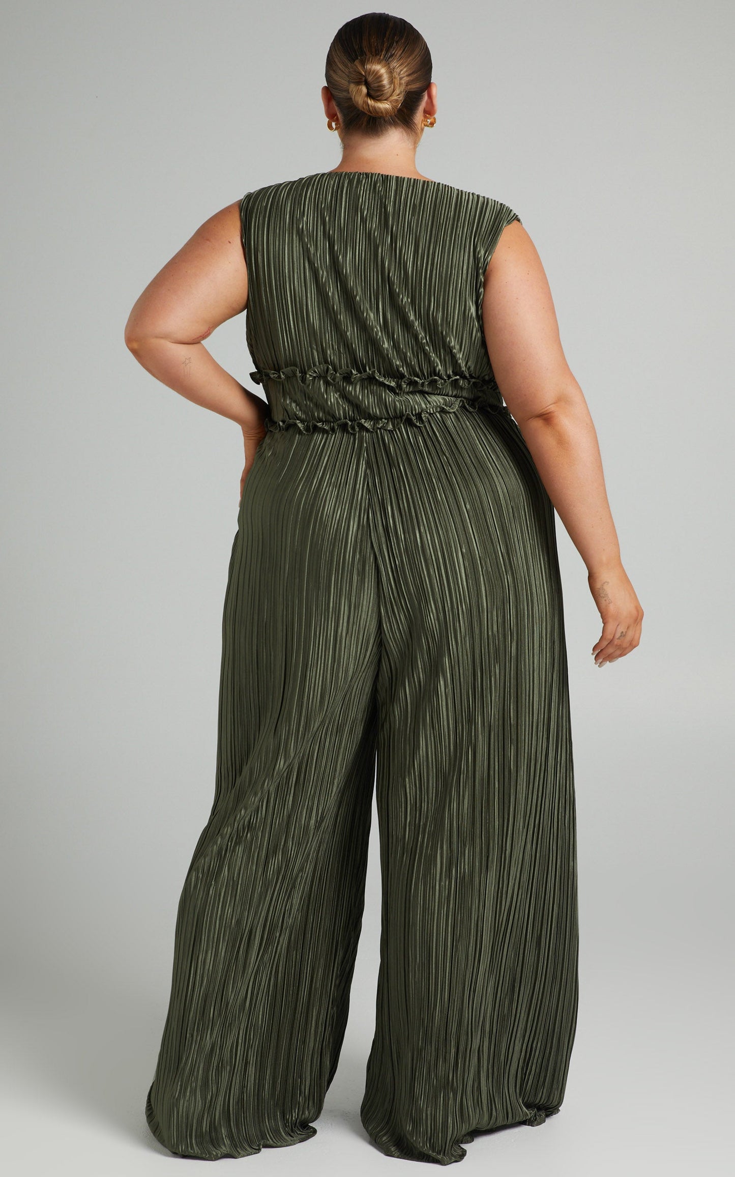 Armida Jumpsuit - Plunge Neck Wide Leg Plisse Jumpsuit in Khaki