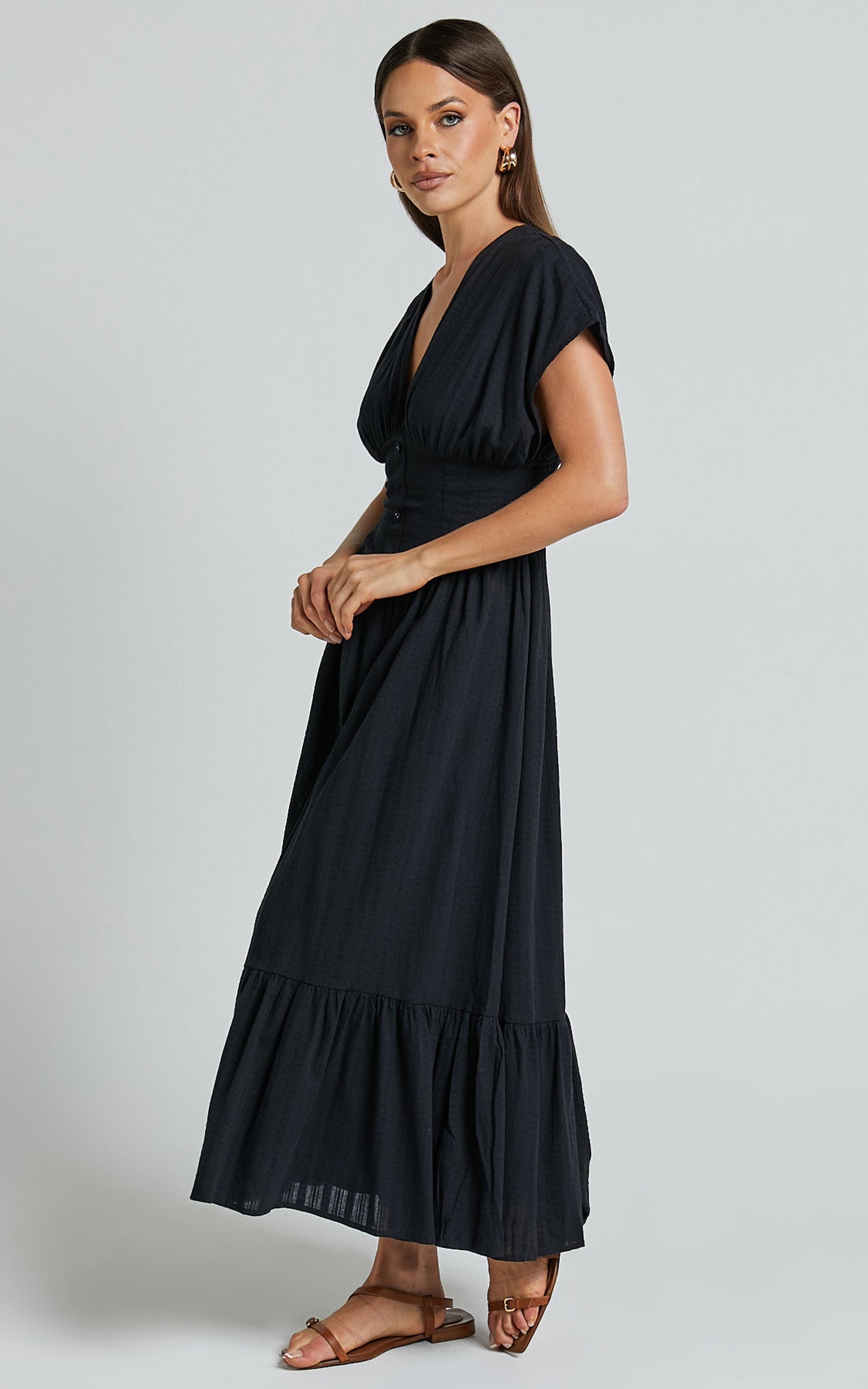 Allegra Midi Dress - Deep V Neck A Line Dress in Black