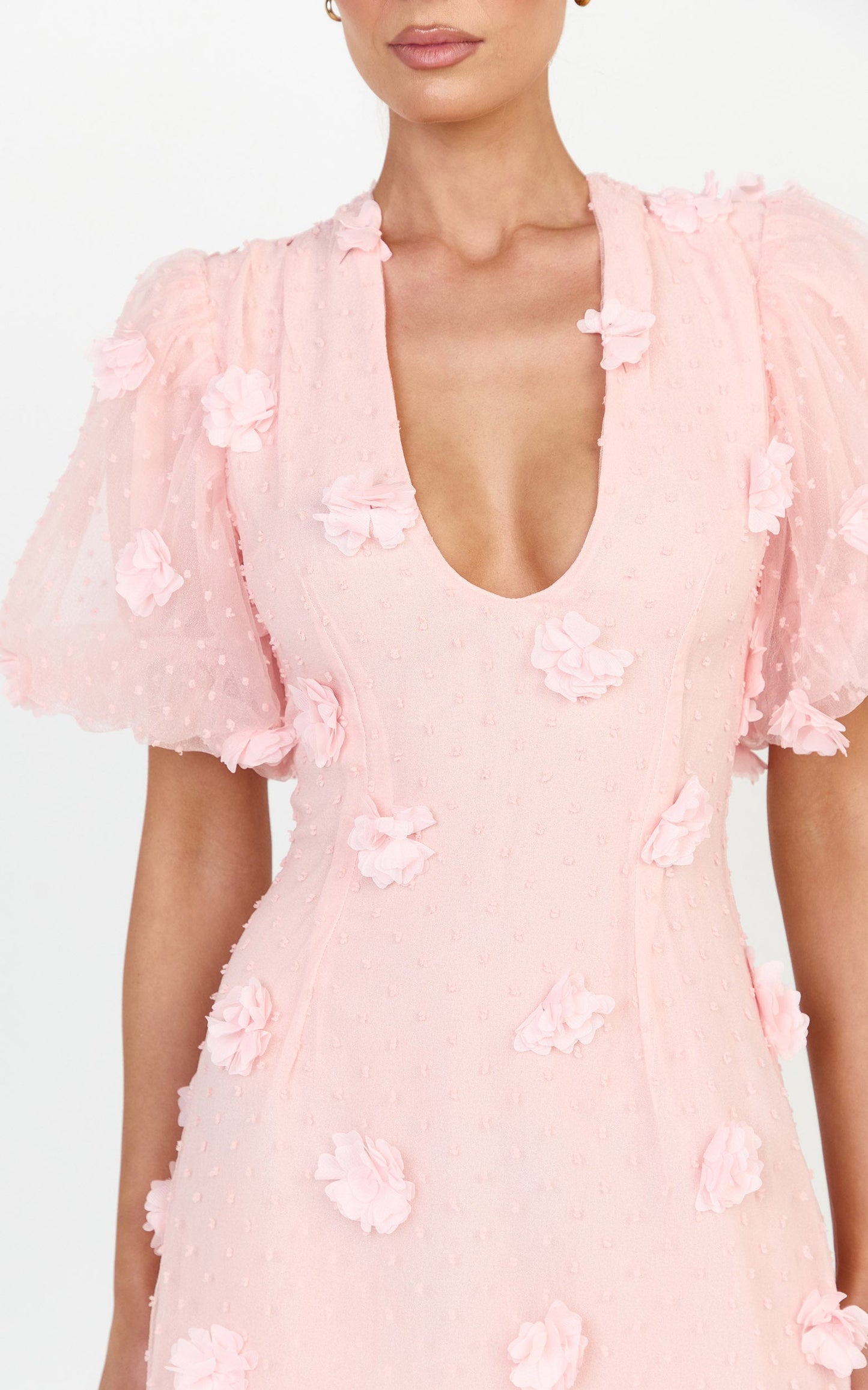 Azalea Mini Dress - Puff Sleeve 3D Floral A Line Dress in Pale Pink