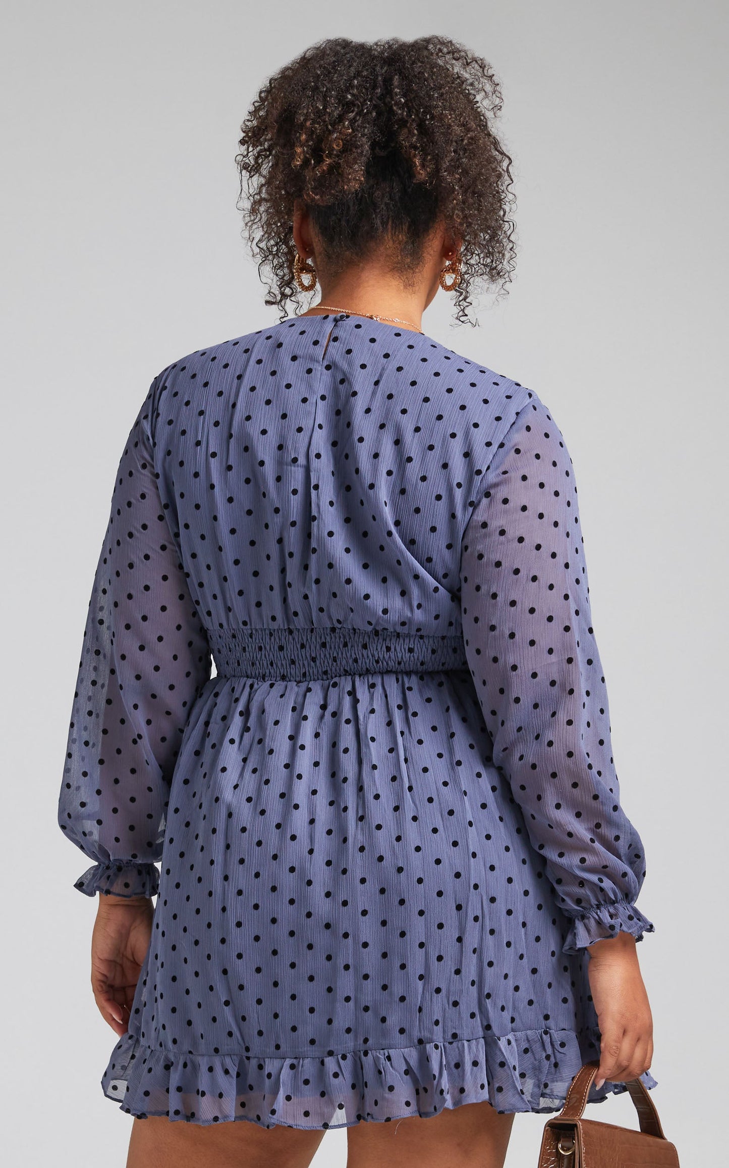 Pretty As You Mini Dress - Long Sleeve Shirred Waist Dress in Blue Spot