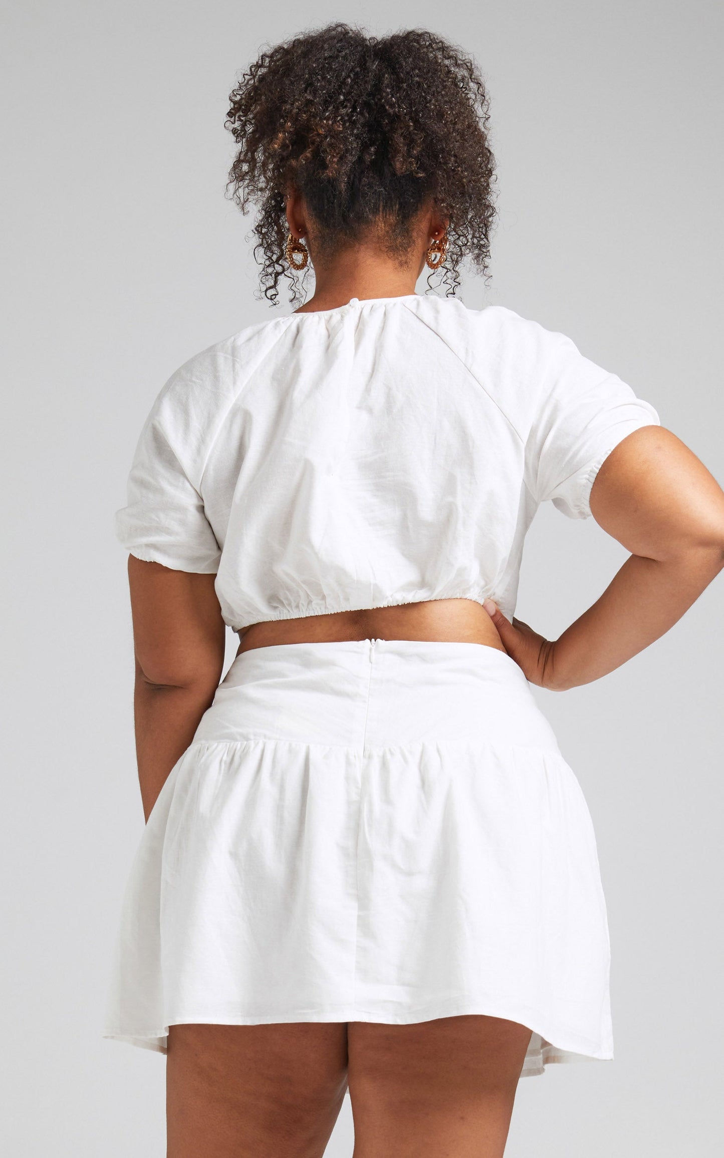 Georgina Two Piece Set - Linen Look Puff Sleeve Top and Mini Skirt in White
