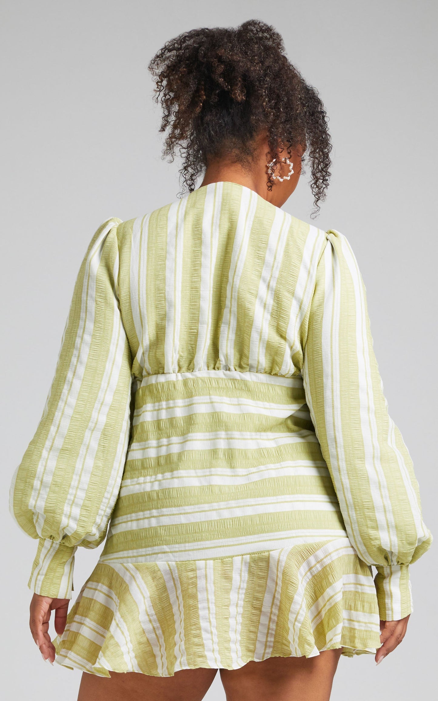Rennie Balloon Sleeve V Neck Mini Dress in Green Stripe