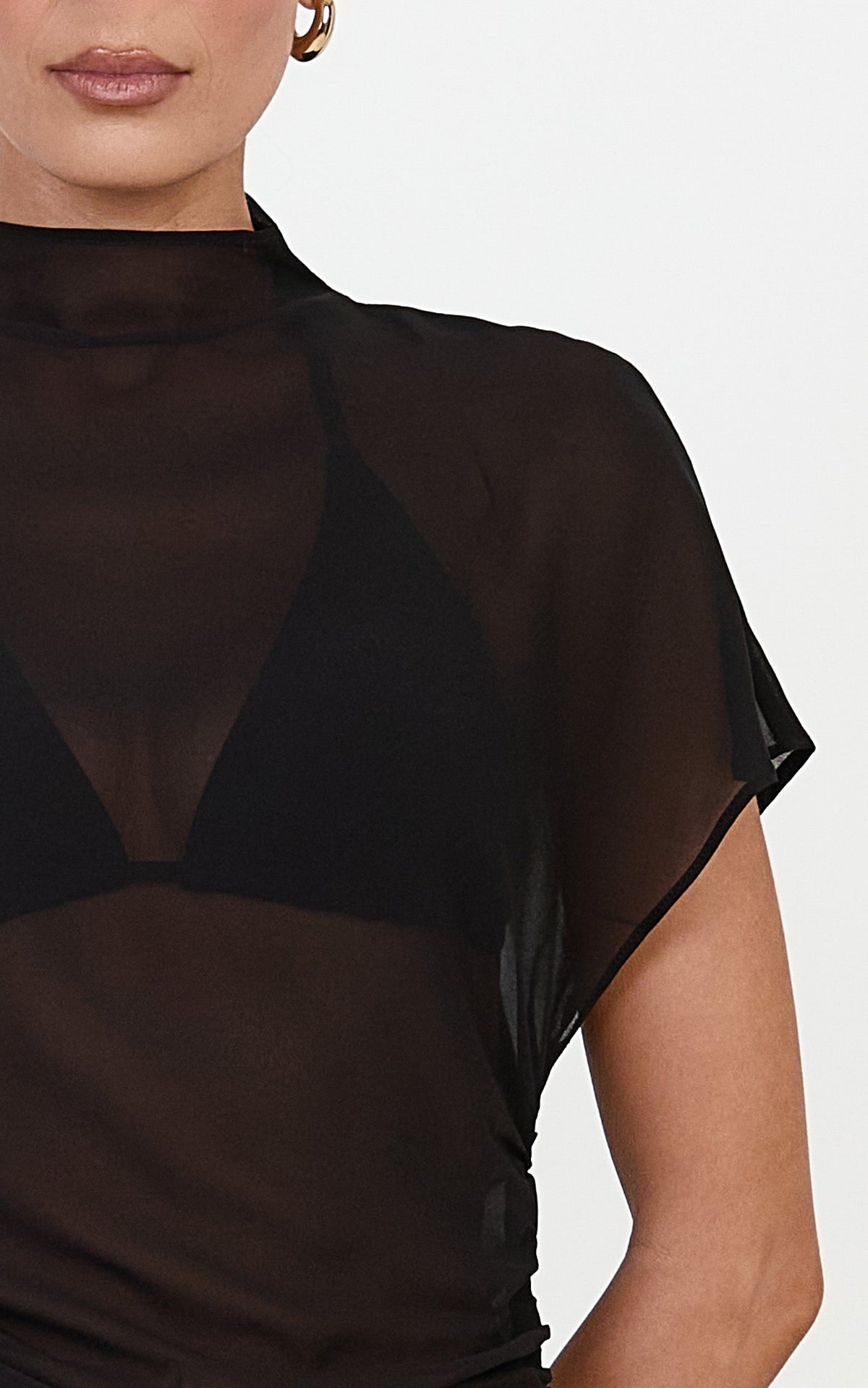 Oriel Top - Sheer Funnel Neck Short Sleeve Top With Waist Gathers in Black