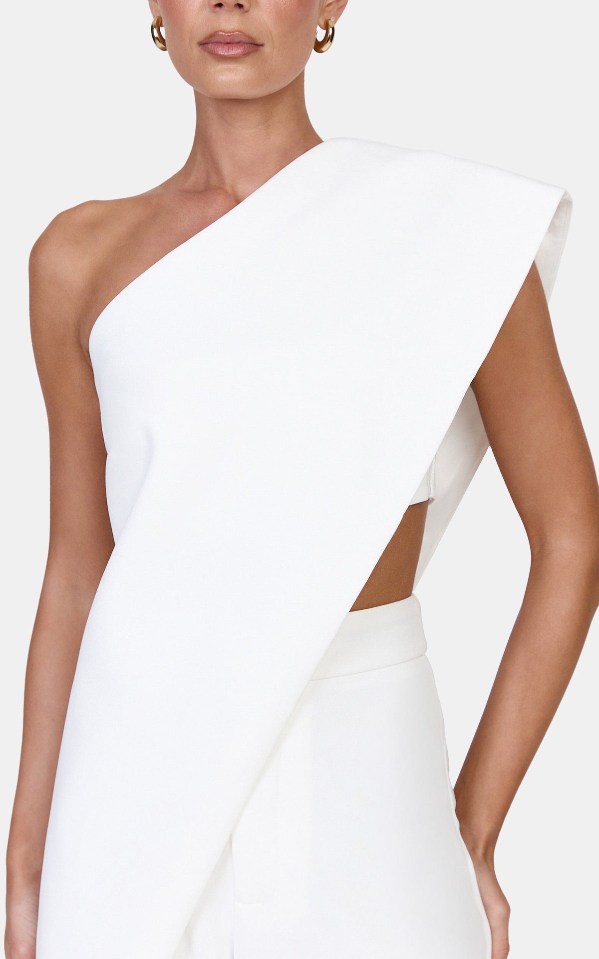 Kimi Two Piece Top and Pants Set - Asymmetric Longline Top And Wide Leg Pants in Cream