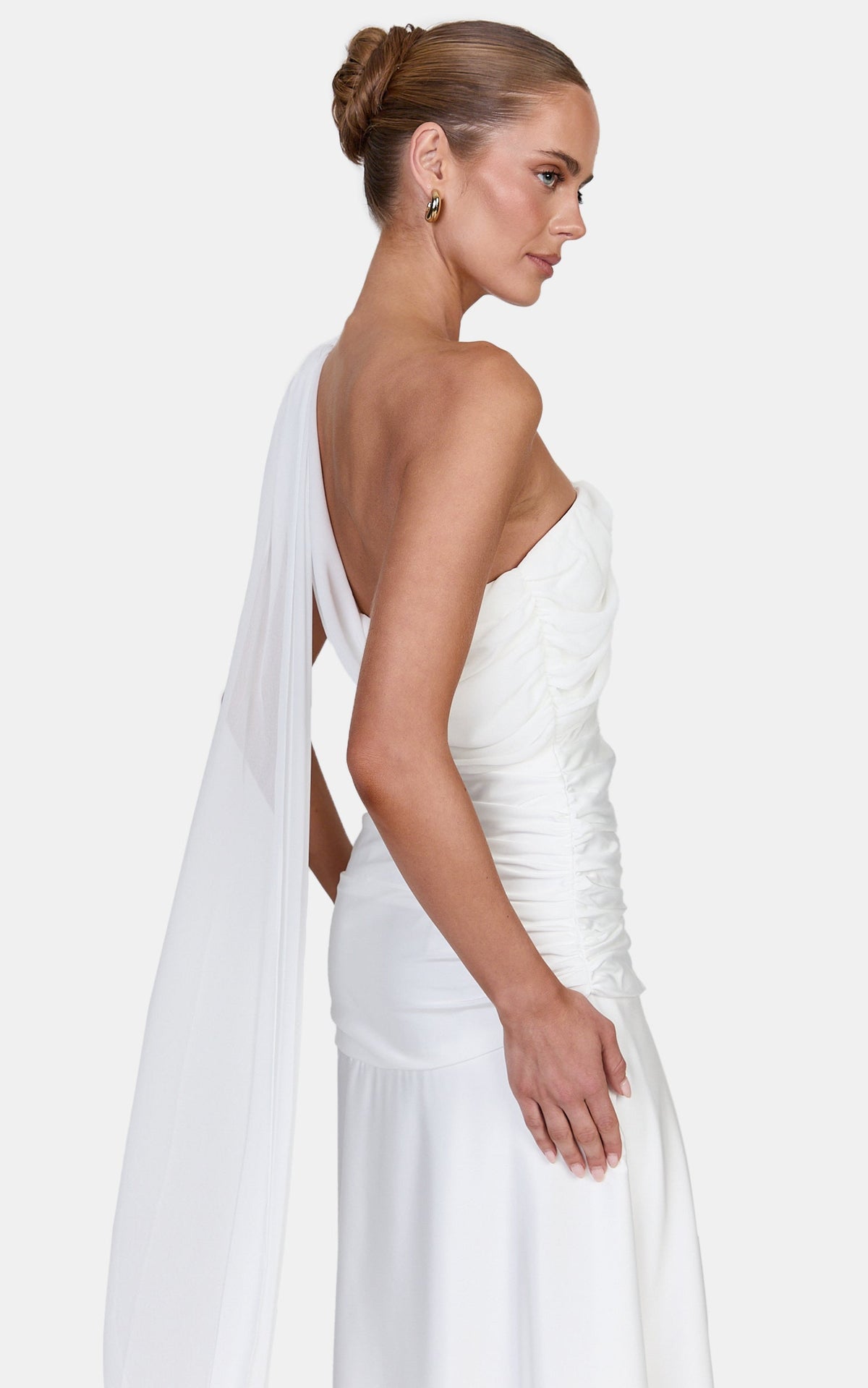 Nora Maxi Dress - Fit And Flare Dress With Leg Split And Asym Shoulder Drape in White