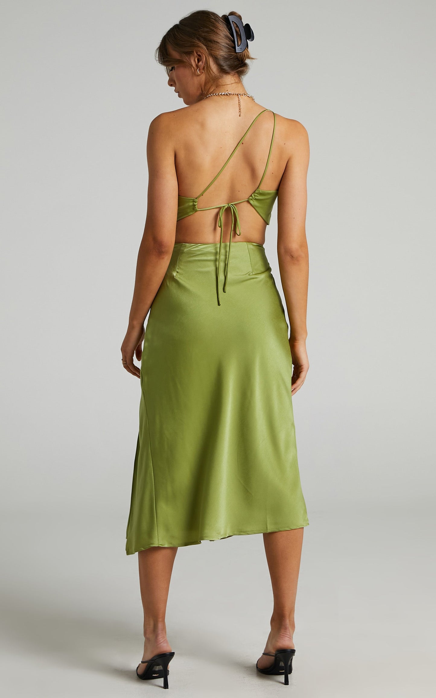 Kaniva Midi Dress - One Shoulder Open Back Dress in Olive