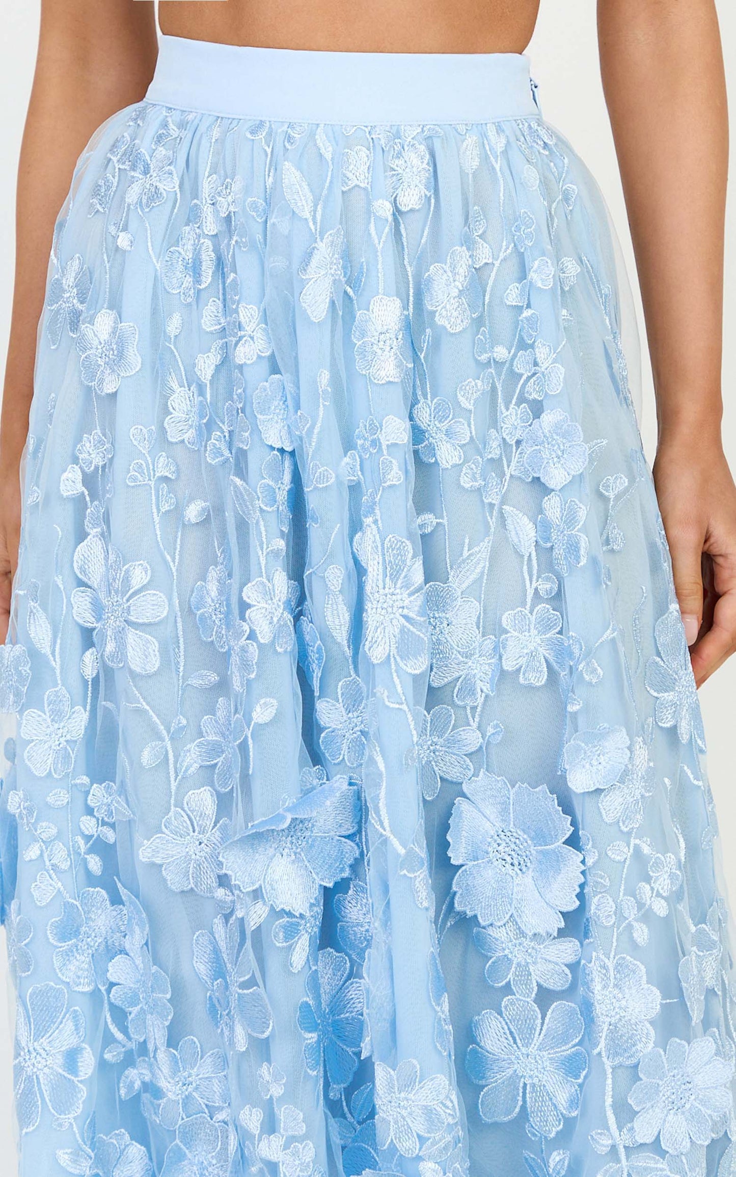Beth Two Piece Top and Skirt Set - Floral Lace Micro Crop Top And A Line Maxi Skirt Set in Blue