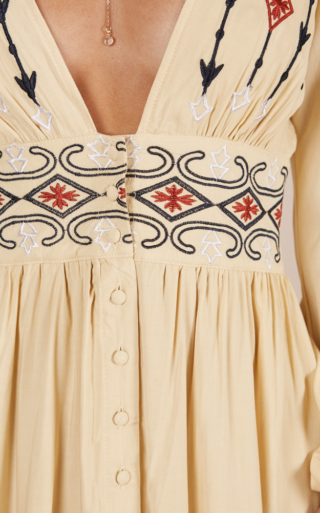 Sweet Relief Maxi Dress In Beige Embroidery