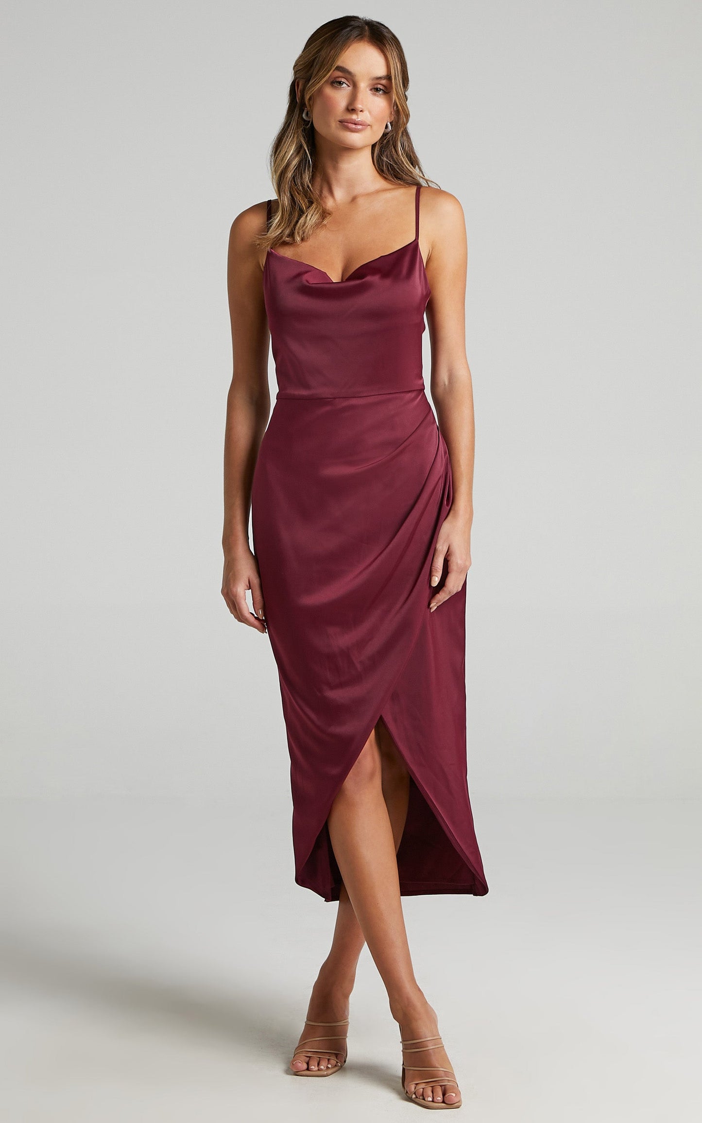 Dazzling Lights Midi Dress - Cowl Neck Draped Dress in Mulberry Satin