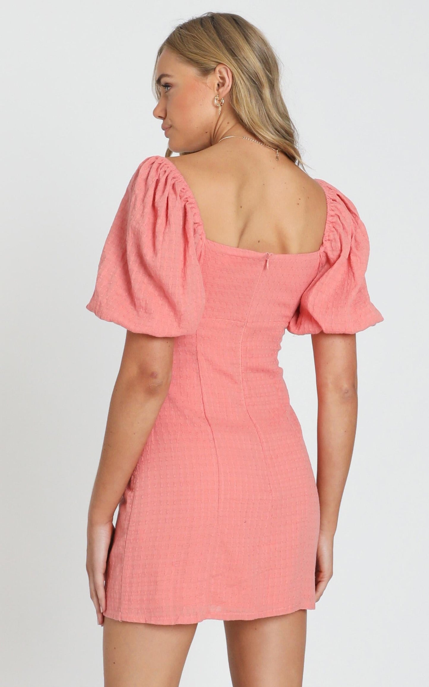 Electric Babe Square Neck Puff Sleeve Mini Dress in Coral