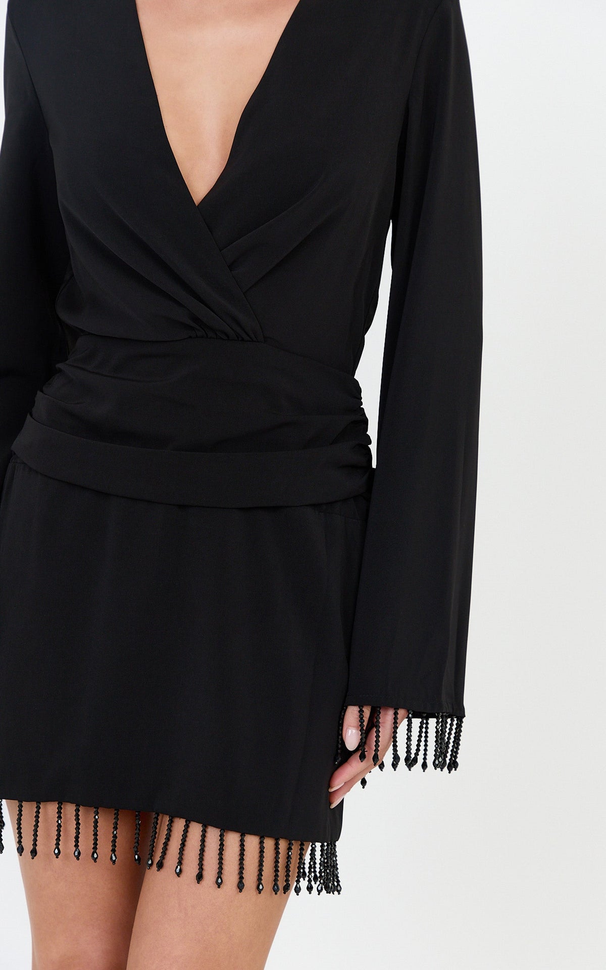 Azura Mini Dress - Long Sleeve Beaded Trim Plunge Neck Dress in Black