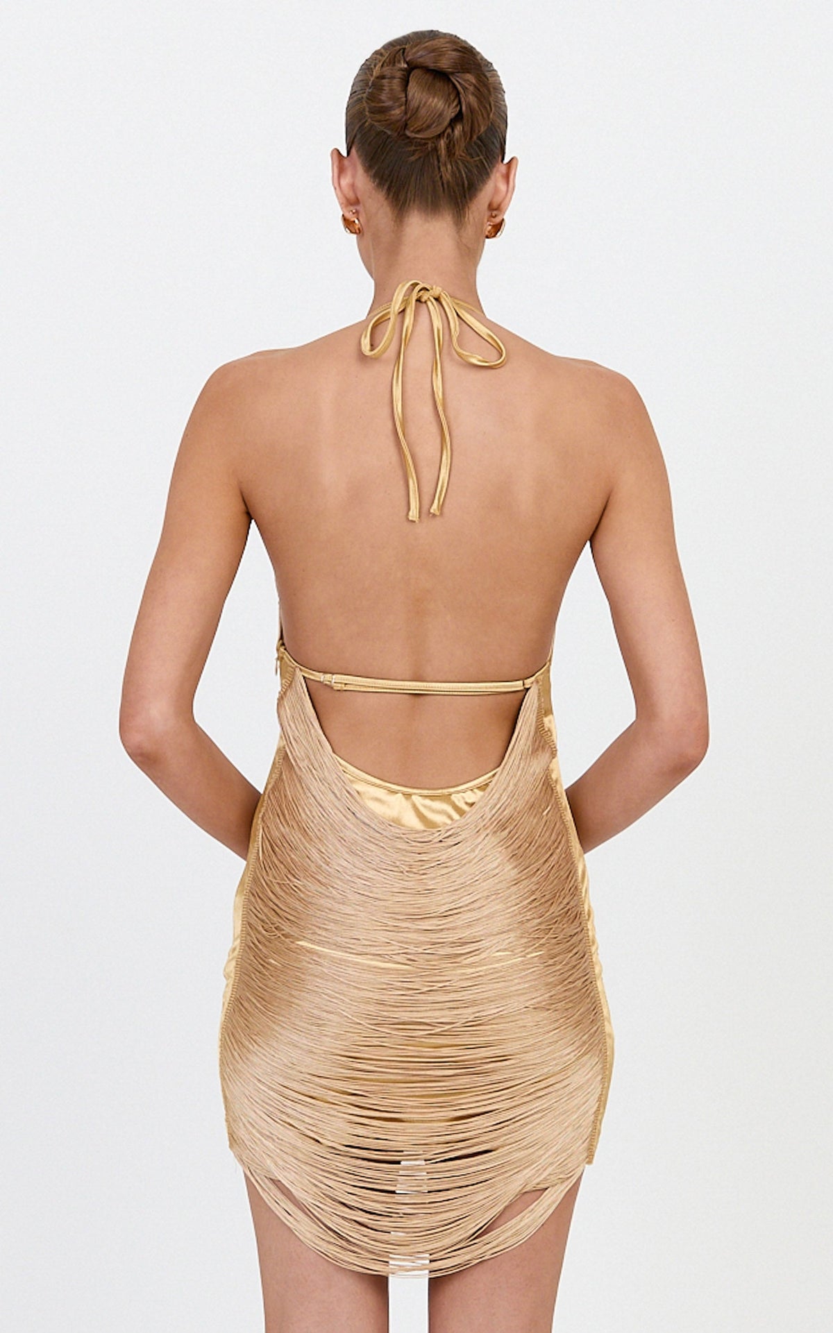 Naya Mini Dress - Fringe Halter Cowl Neck Dress in Gold
