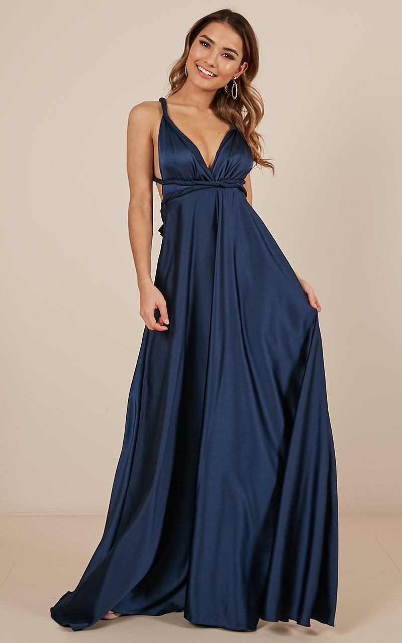 Nights Fallen Maxi Dress In Navy Satin