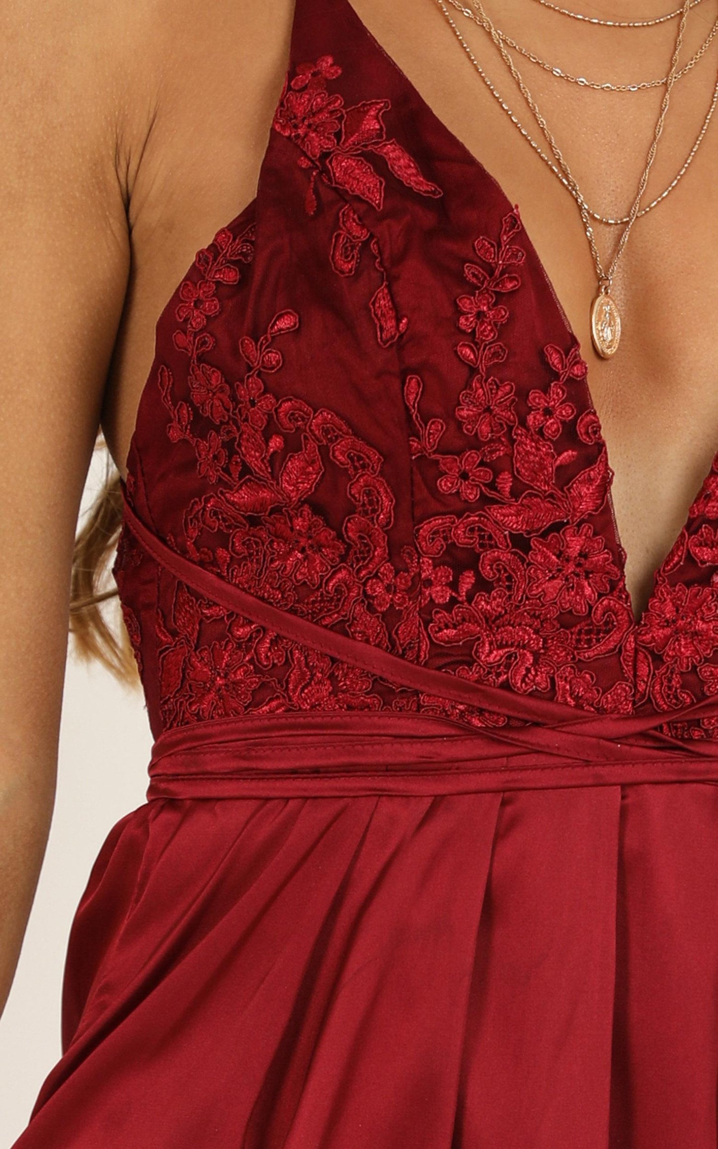 Tied To You Dress In Wine Satin