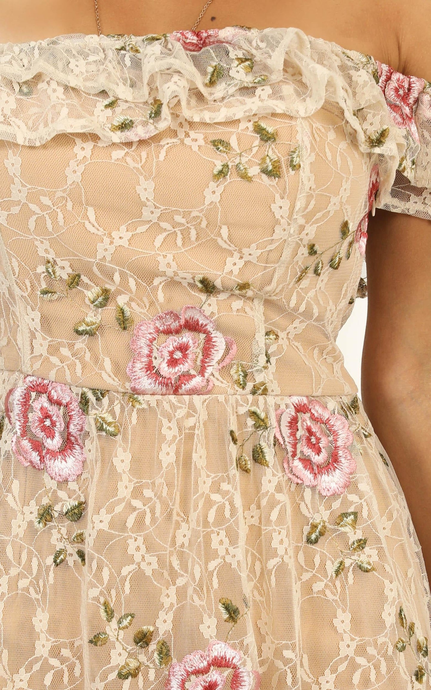 I Can Make It Dress In Beige Floral Lace