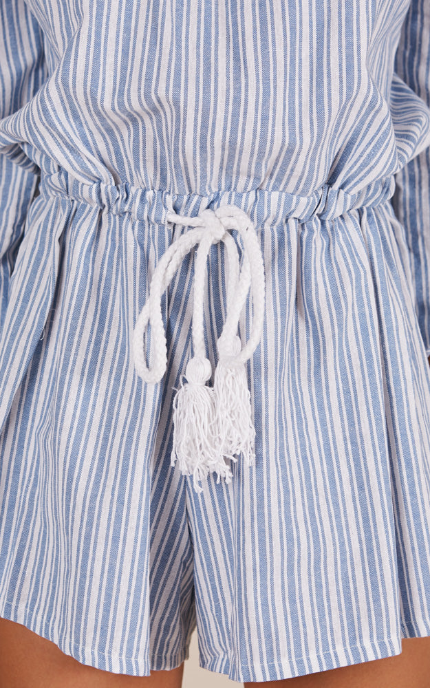 Hidden Heart Playsuit In Blue Stripe Linen Look