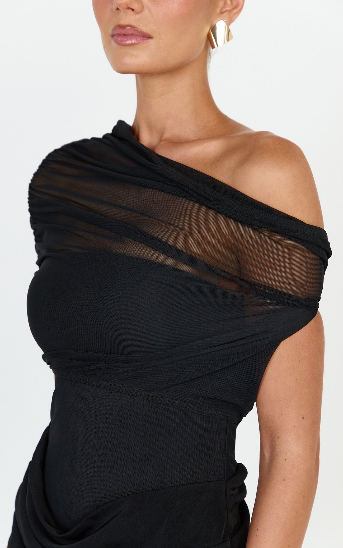Nami Maxi Dress - Overlay Off Shoulder Draped Cowl Waist Dress in Black
