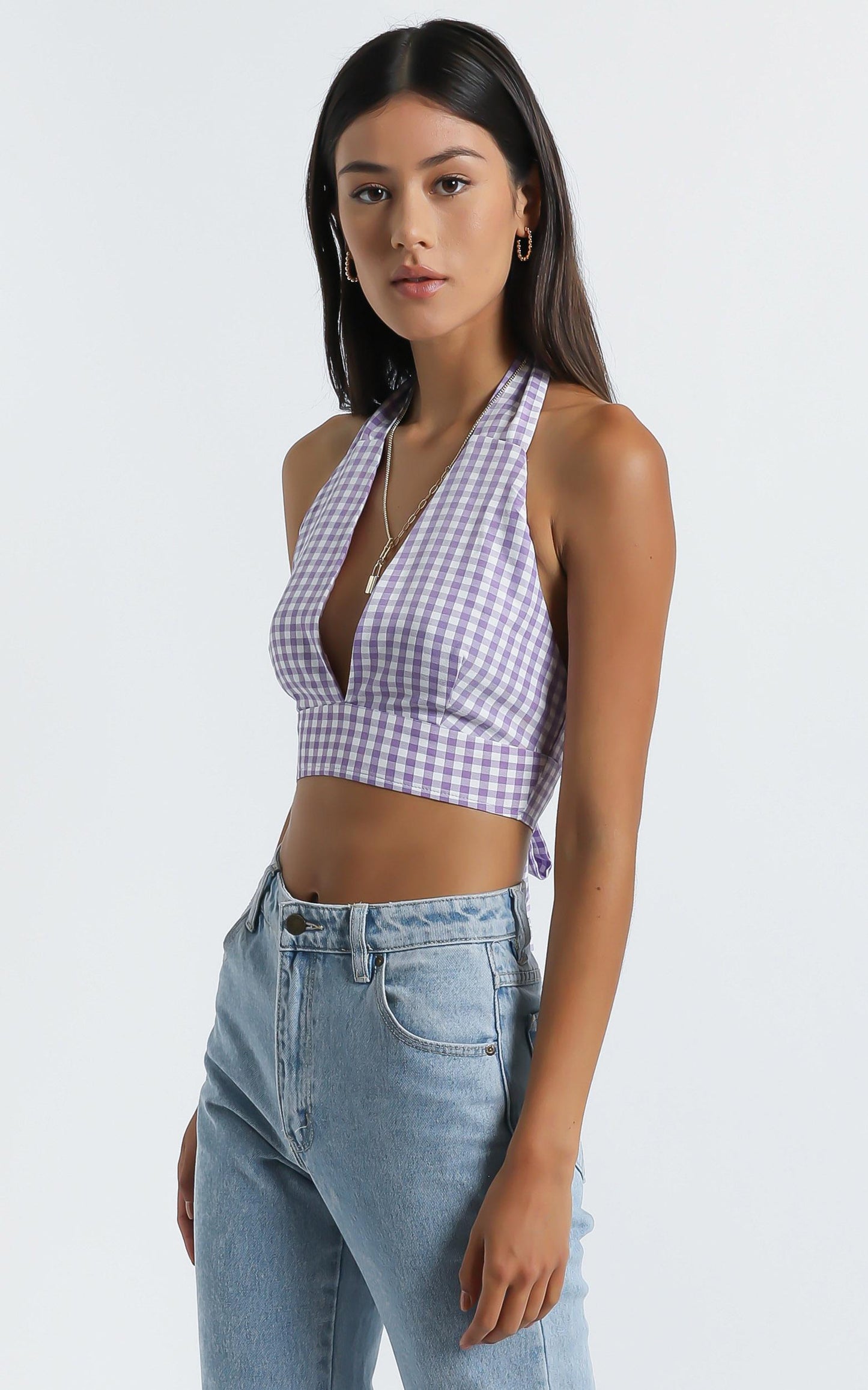Kady Top - Deep V Halter Crop Top in Purple Check