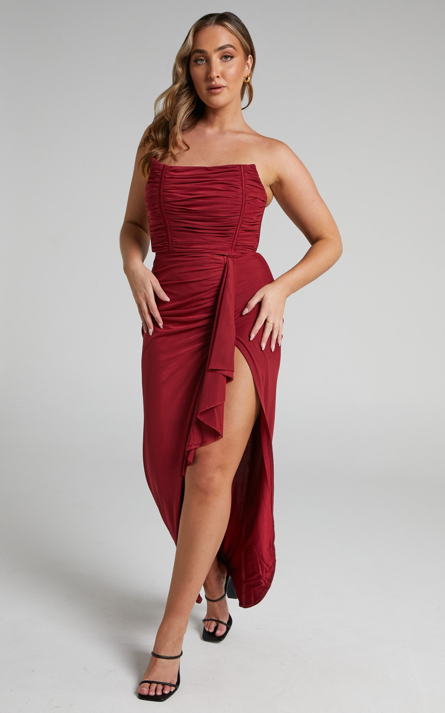 Nora Midi Dress - Corset Detailing Dress in Wine