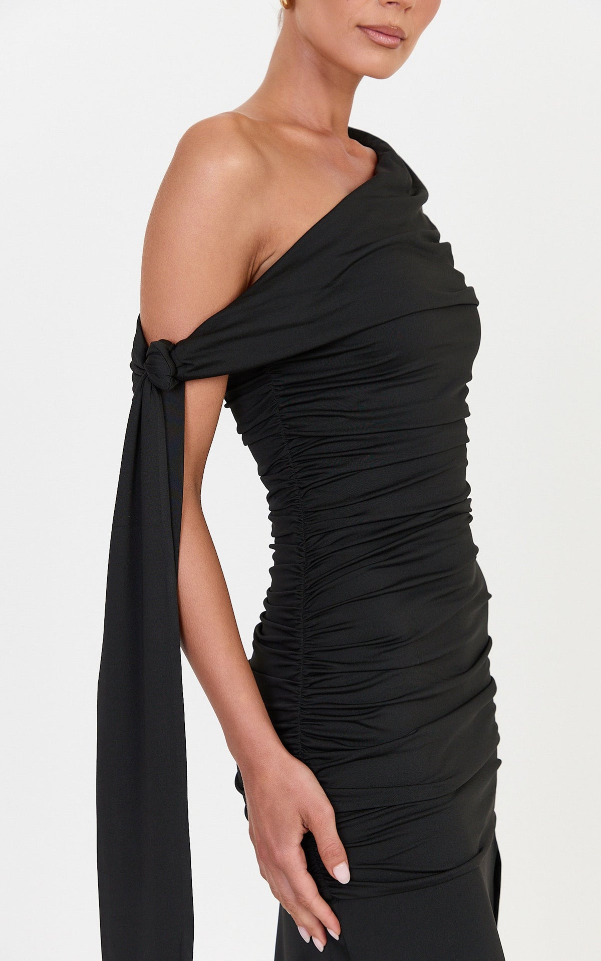 Bree Maxi Dress - Cape Tie Off Shoulder Fit And Flare Dress in Black