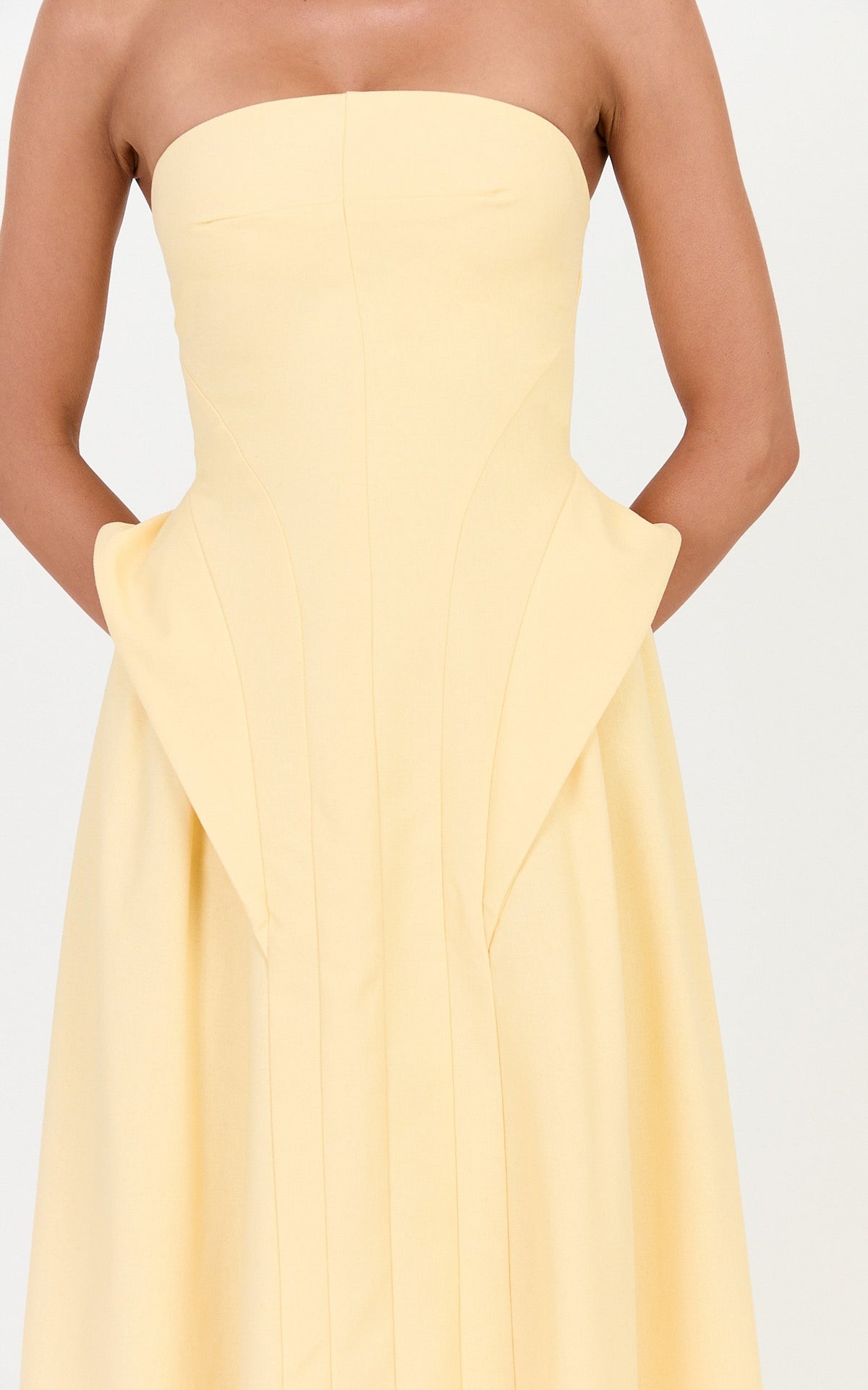 Joy Maxi Dress - Strapless Structured Dress With Gathered Hip Detail in Lemon