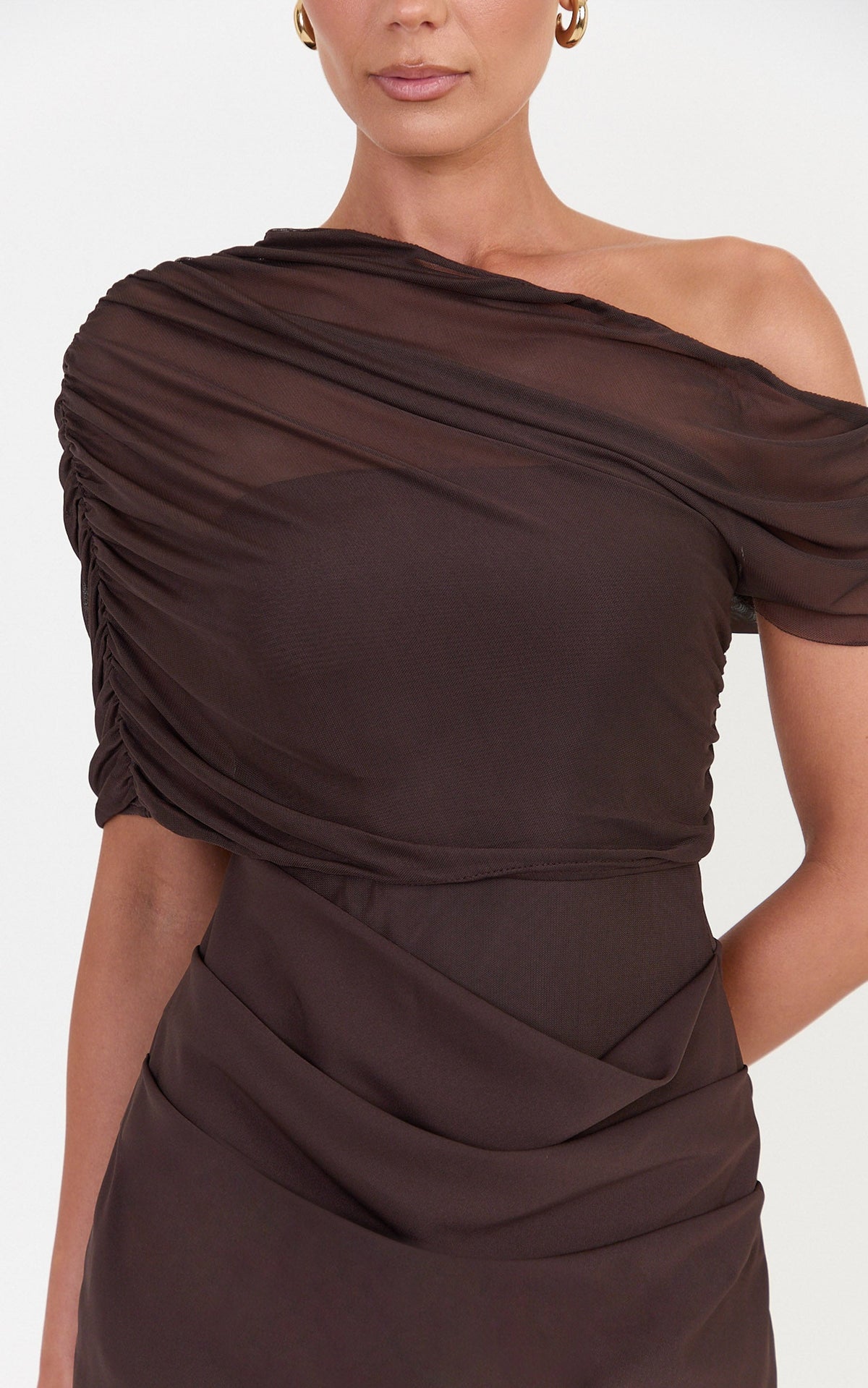 Nami Mini Dress - Overlay Off Shoulder Draped Cowl Waist Dress in Chocolate
