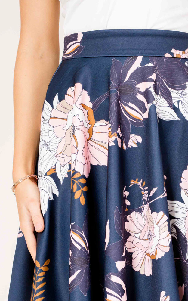 Whirlwind Midi Skirt In Navy Floral