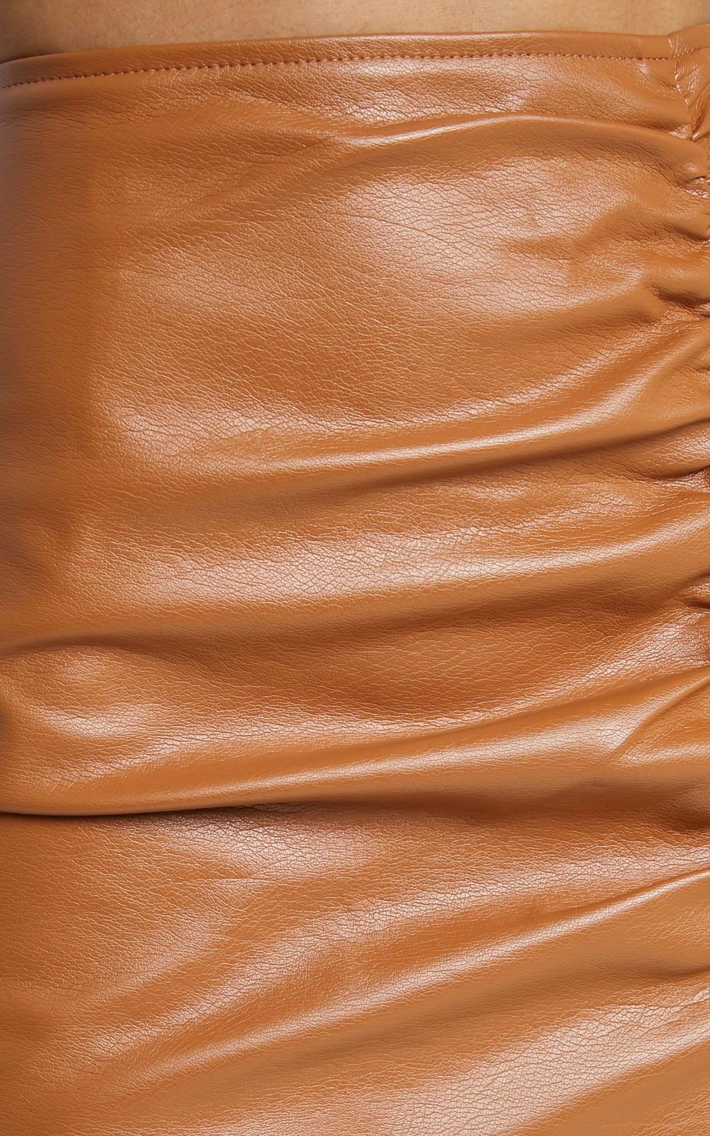 Ariella Faux Leather Ruched Side Mini Skirt in Tan