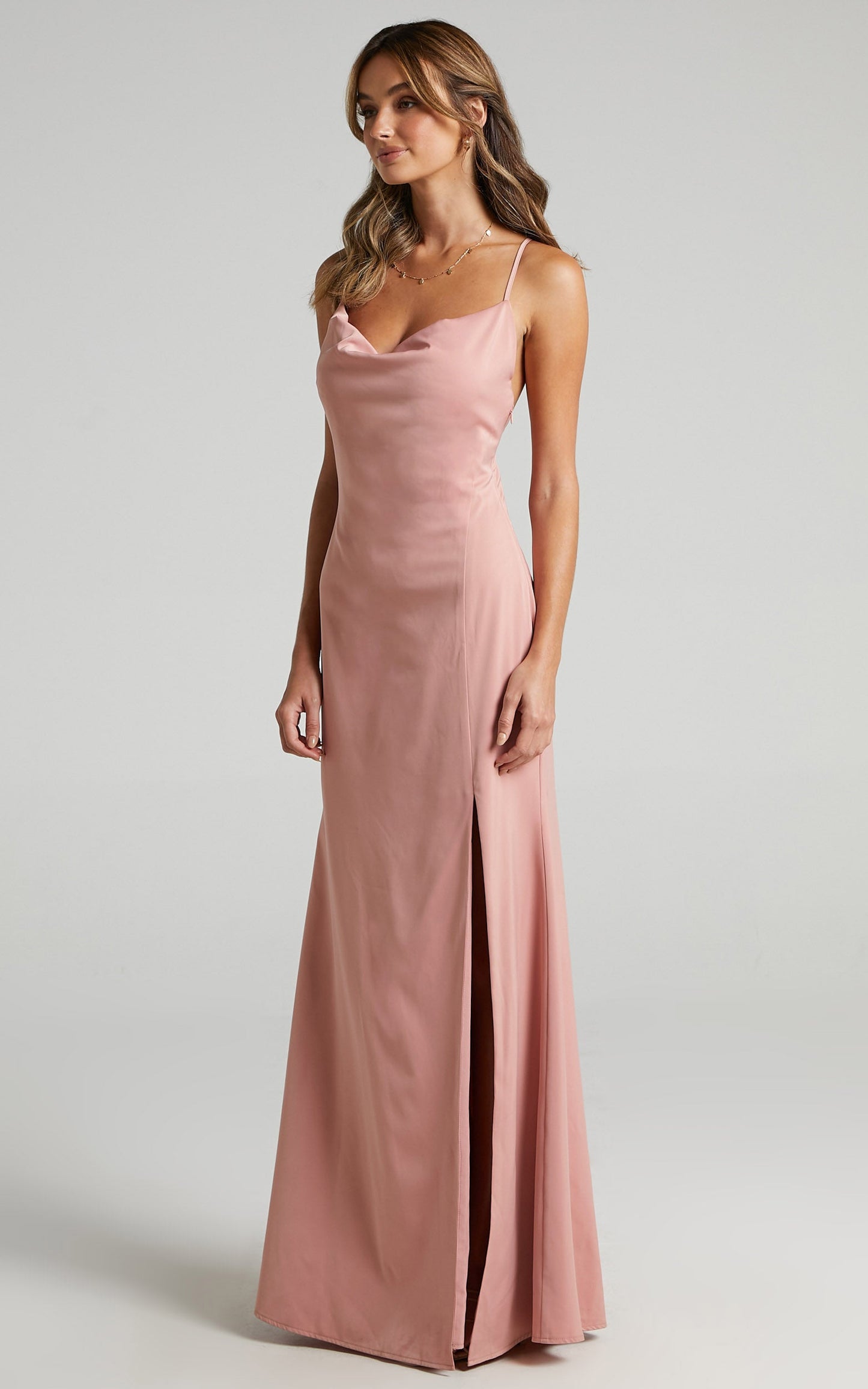 A Final Toast Midi Dress - Cowl Neck Thigh Split Dress in Peach Satin