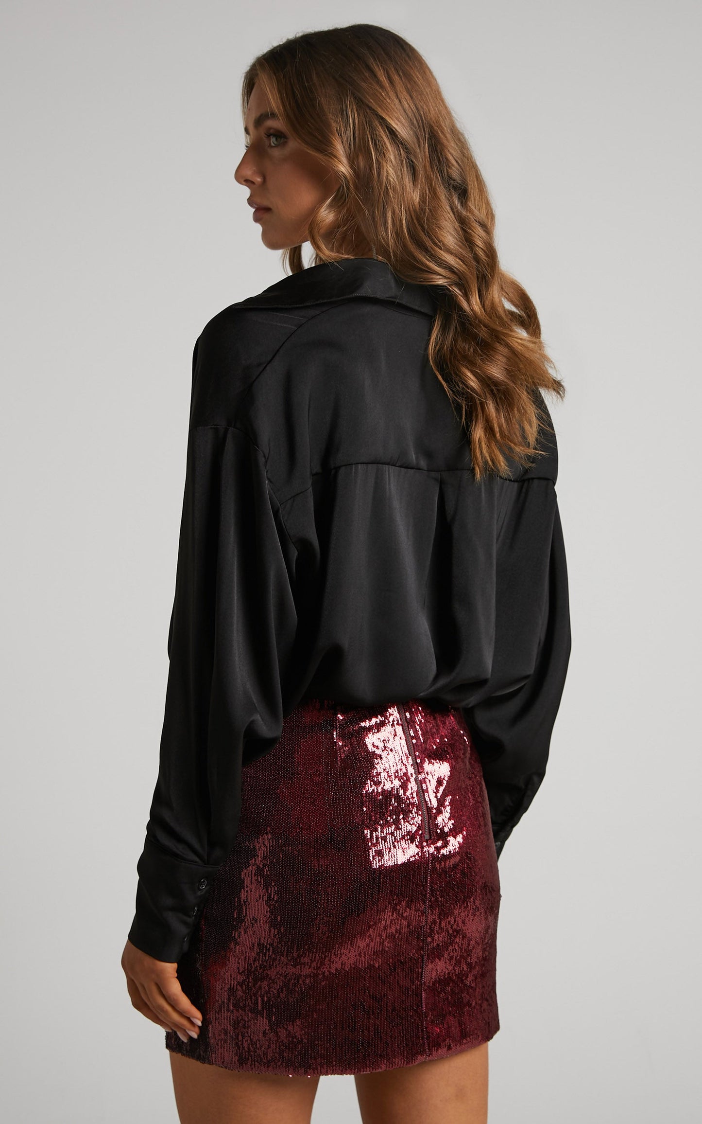Franzia Mini Skirt - Side Split Sequin Skirt in Burgundy