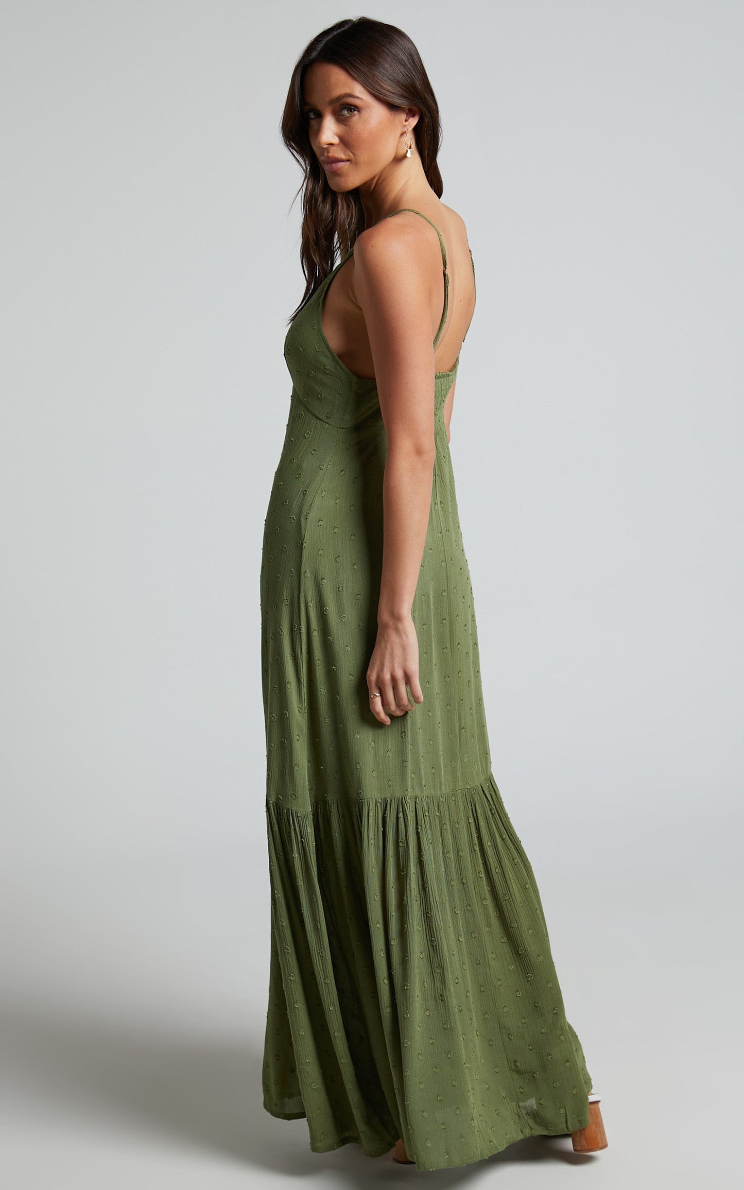 Cariele Midi Linen Blend Dress - Strappy Tiered Dotted Dress in Olive