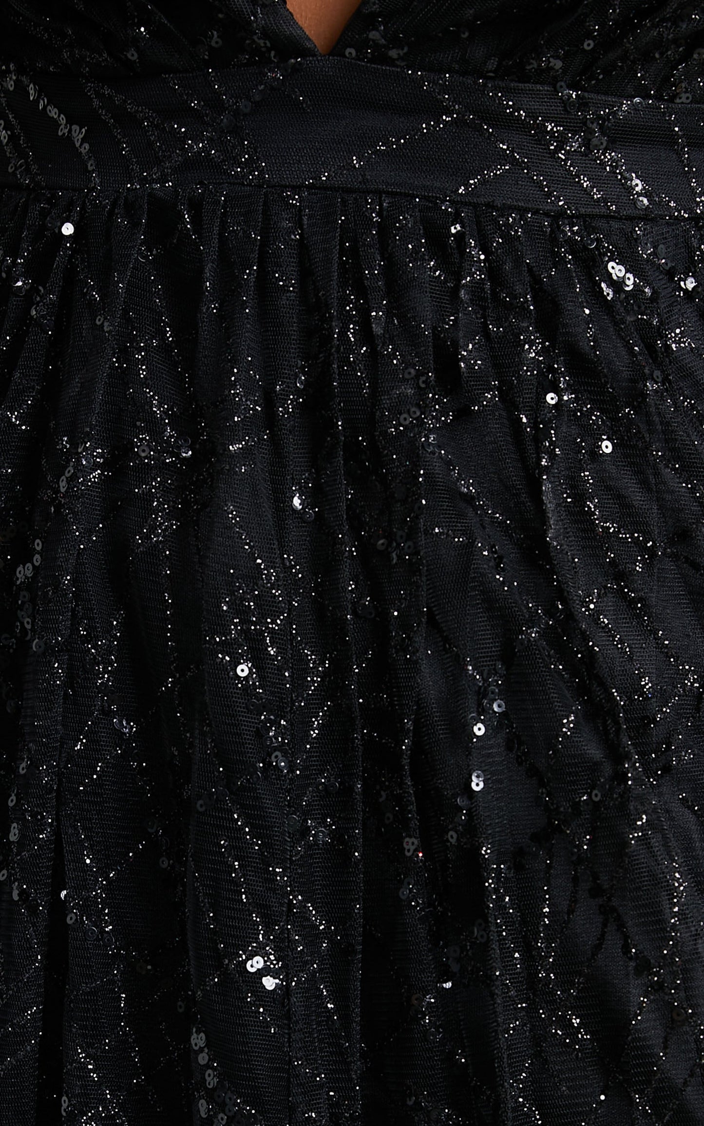 Eternal Sunshine Maxi Dress - Cross Back Plunge Neck Dress in Black Sequin Tulle