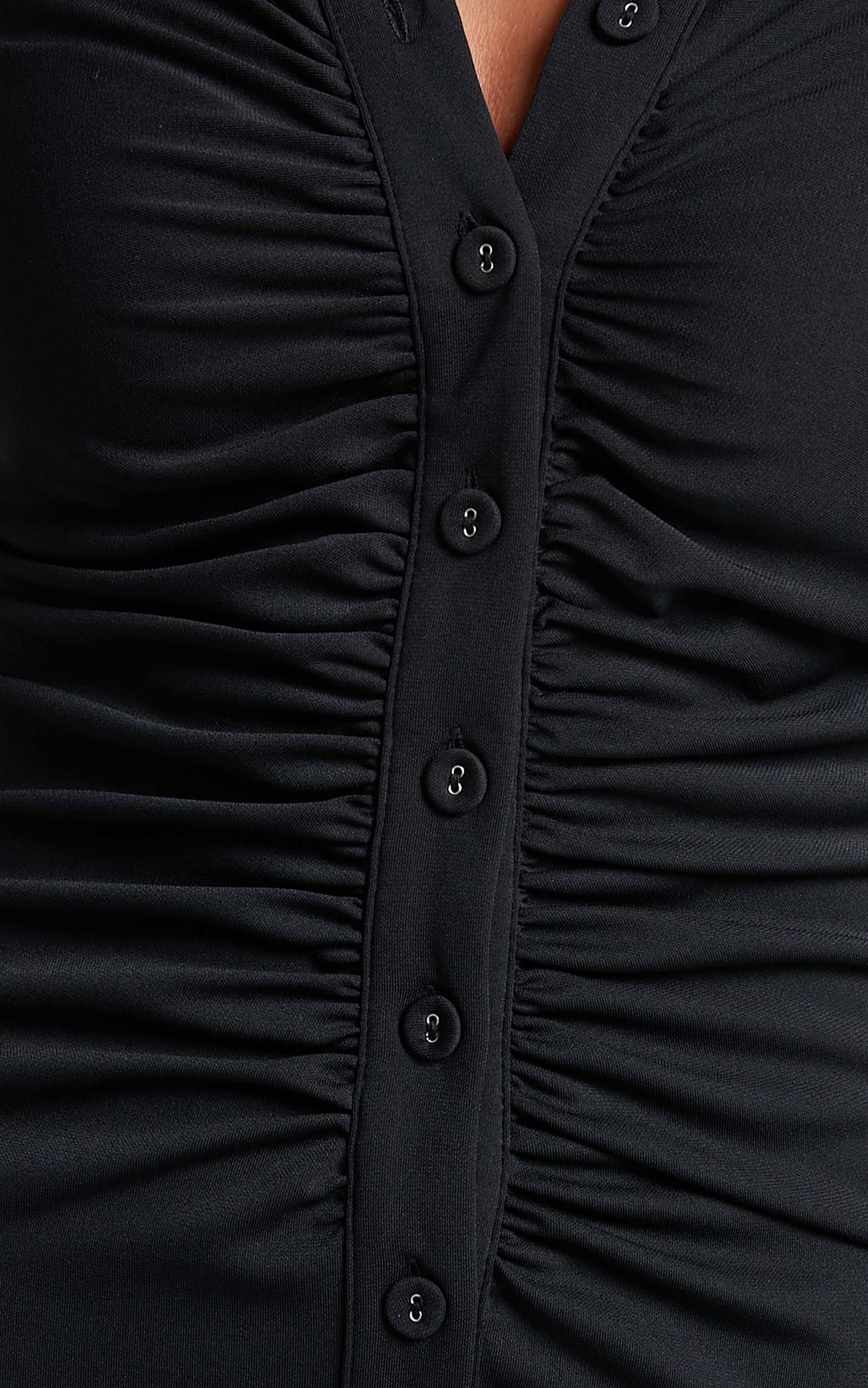 Keaton Midi Dress - Ruched Front Collared Long Sleeve Bodycon Dress in Black