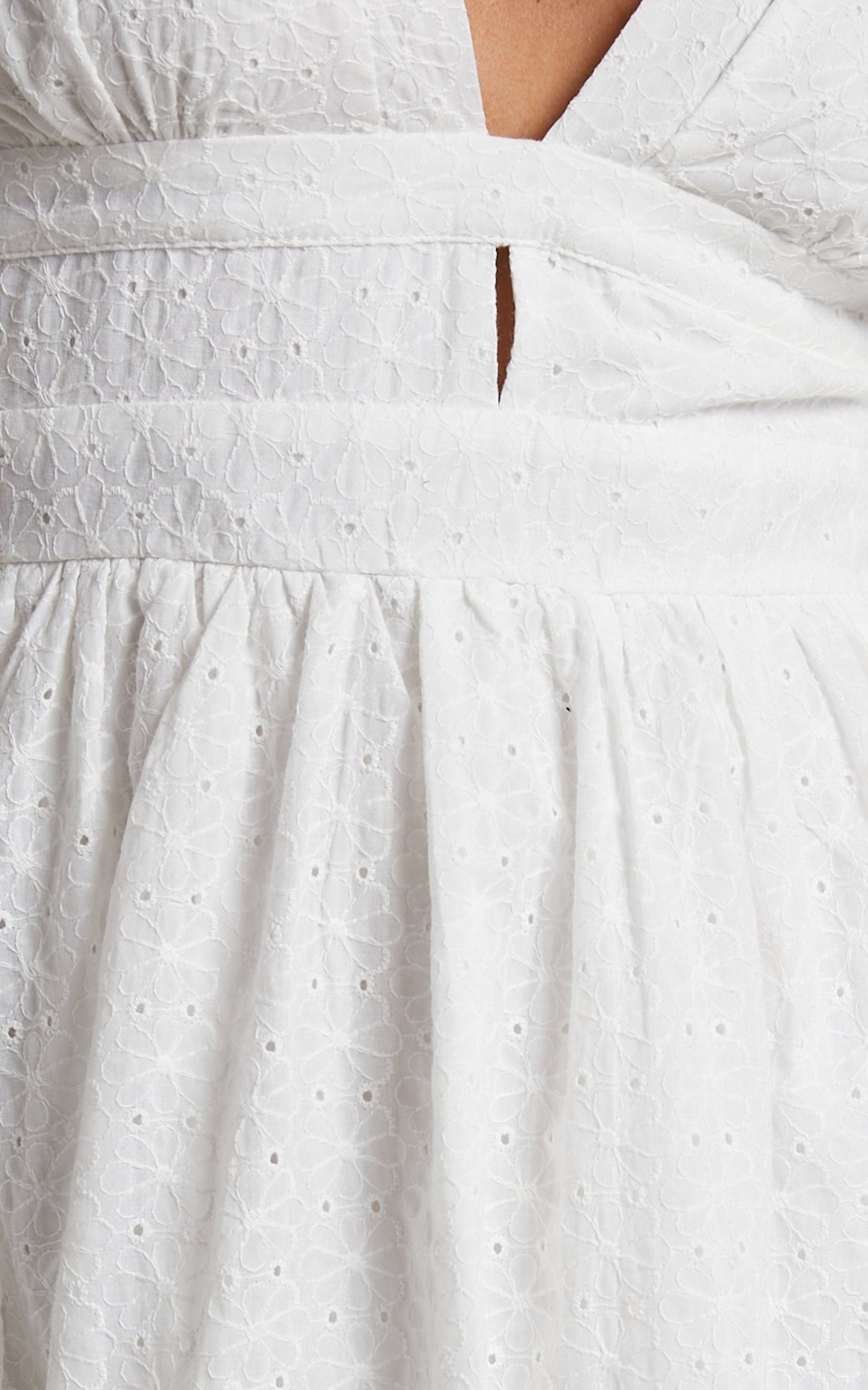 Philippa Midi Dress - Plunge Neck Long Sleeve Broderie Dress in White Broderie Anglaise