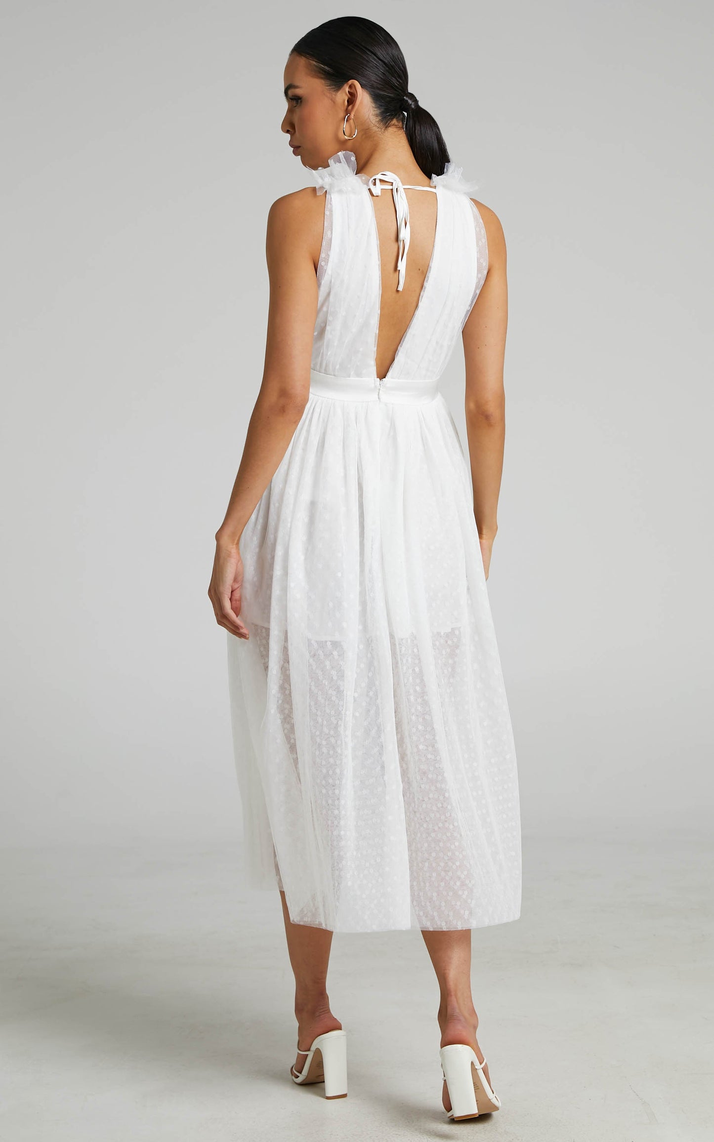 Xenia Midi Dress - Plunge Tulle Dress in White