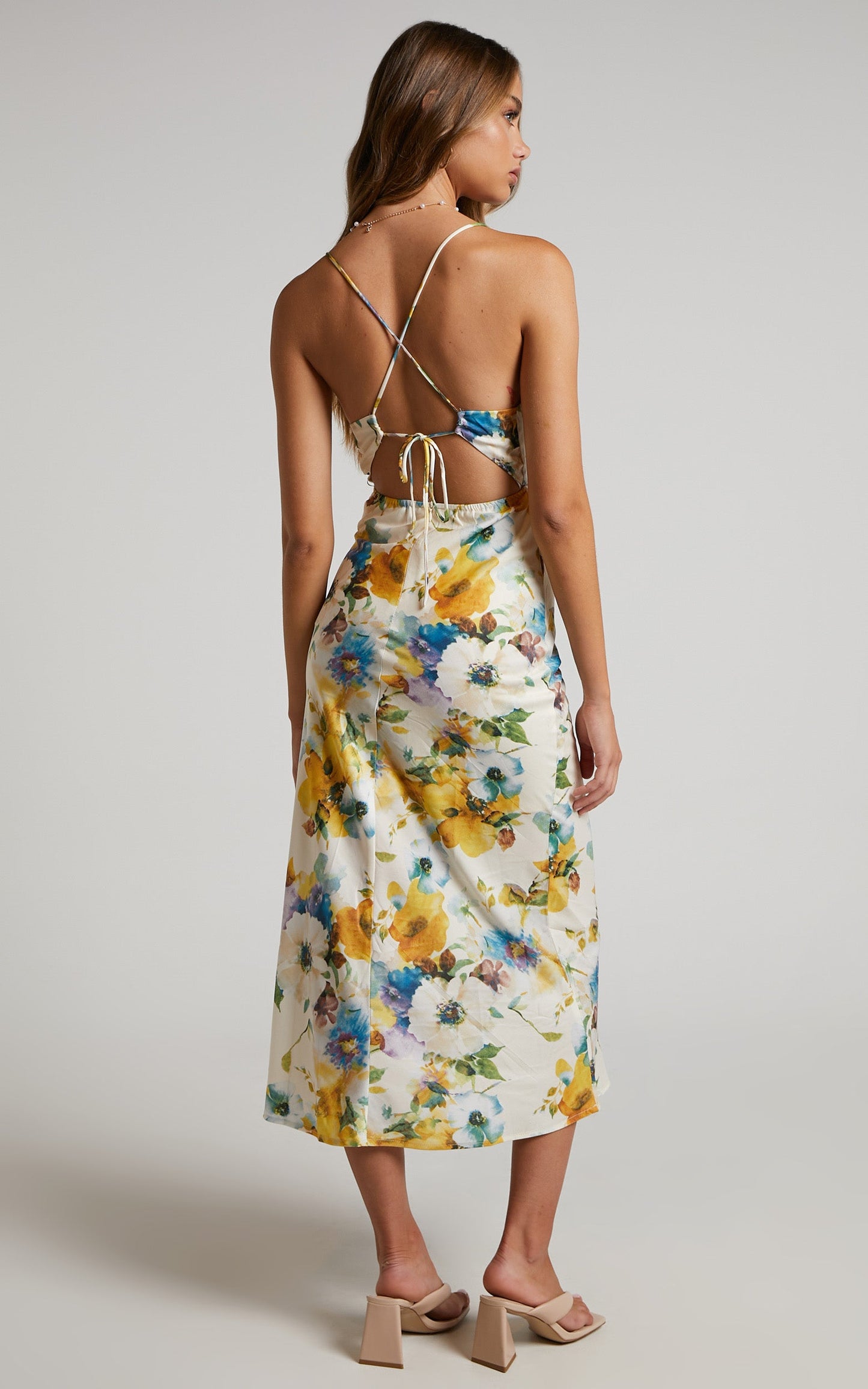 Tricia Midi Dress - Plunge Strappy Back Slip Dress in Cream Floral