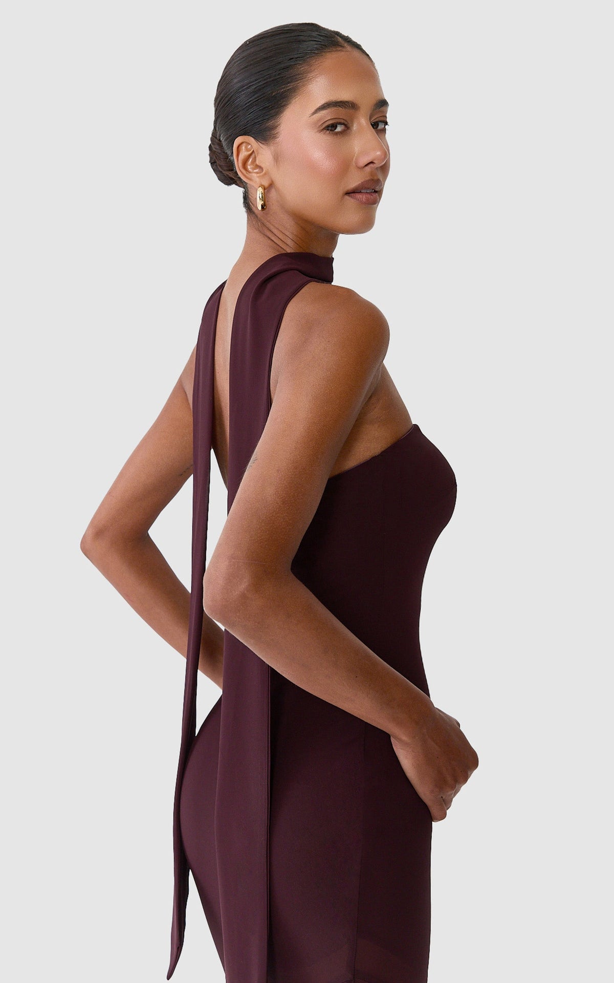 Angie Maxi Dress - Strapless Bias Column Dress with Scarf in Chocolate