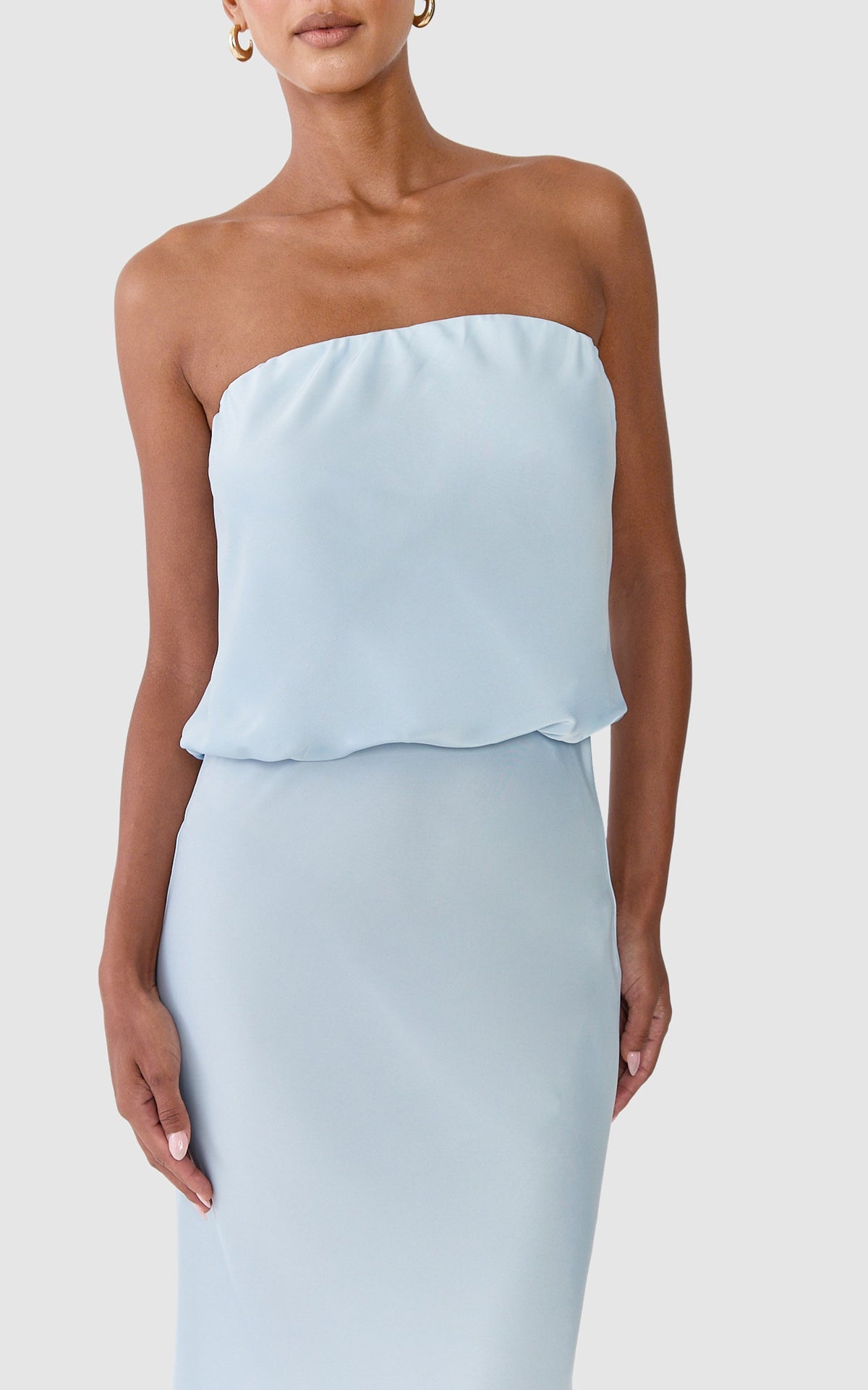 Floriane Midi Dress - Strapless Drop Waist Dress in Light Blue