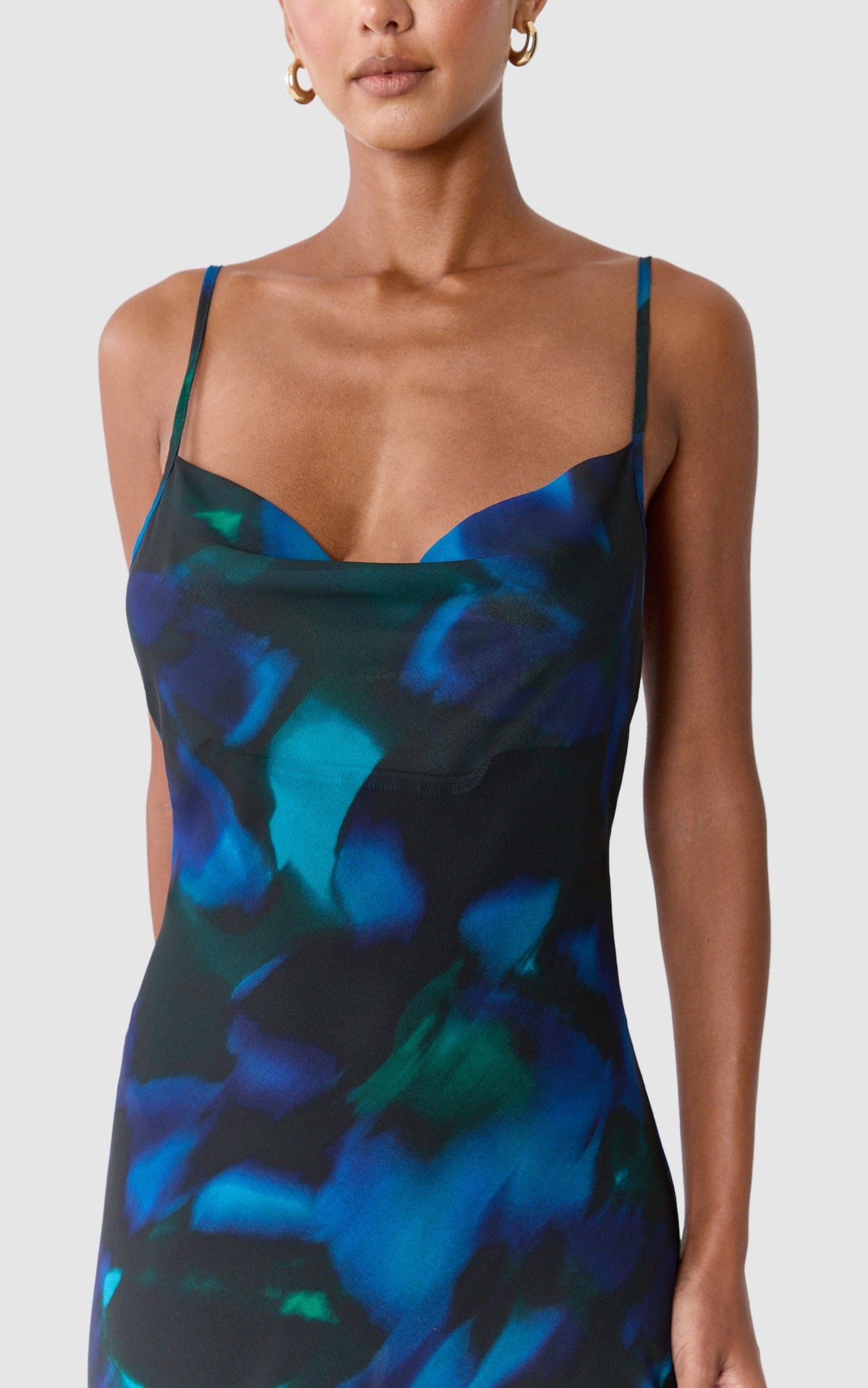 Iris Maxi Dress - Cowl Neck Low Back Slip Dress in Blue Hyper Tropical Print