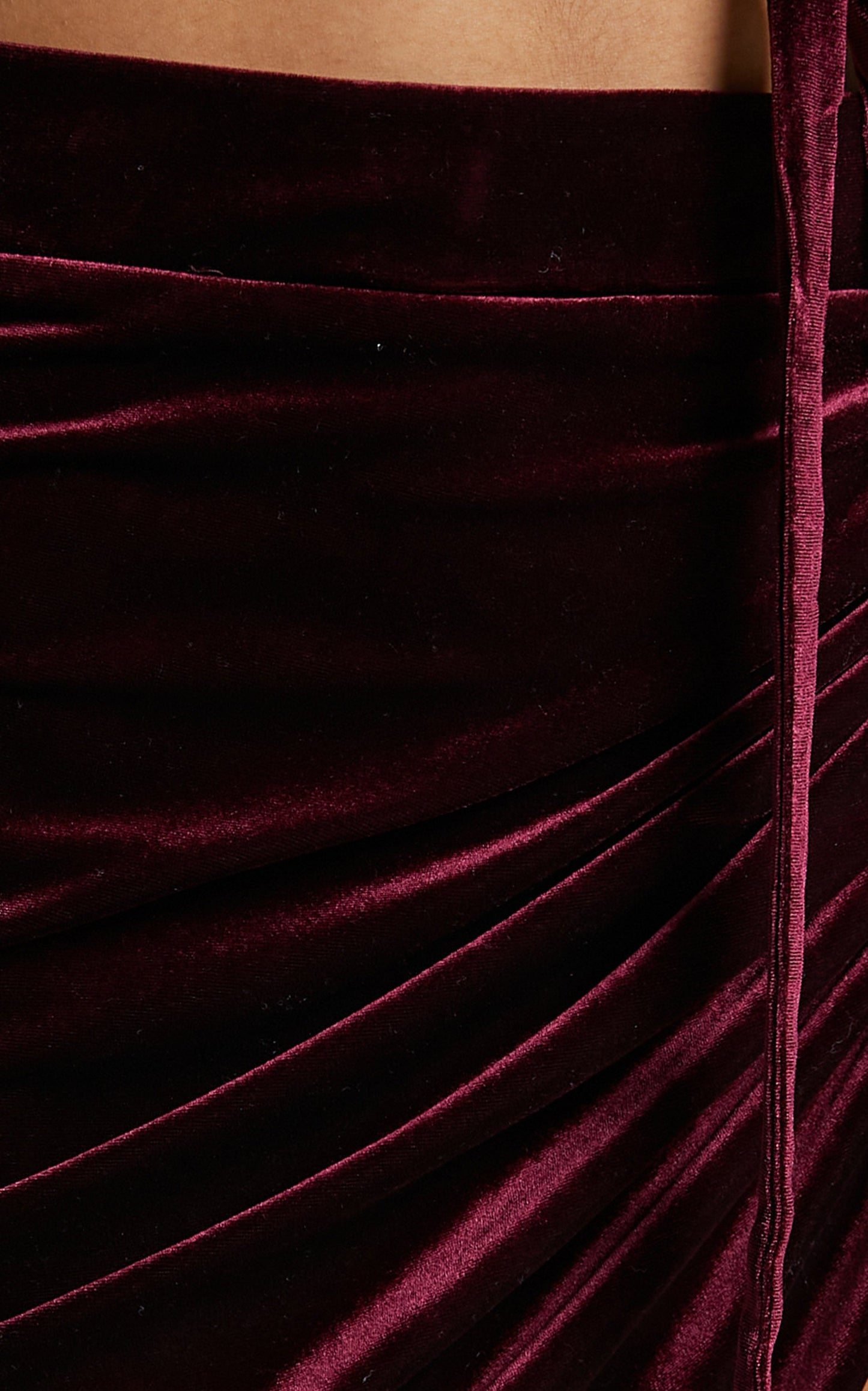 Maybelyn Mini Skirt - Velvet Ruched Asymmetric Skirt in Burgundy