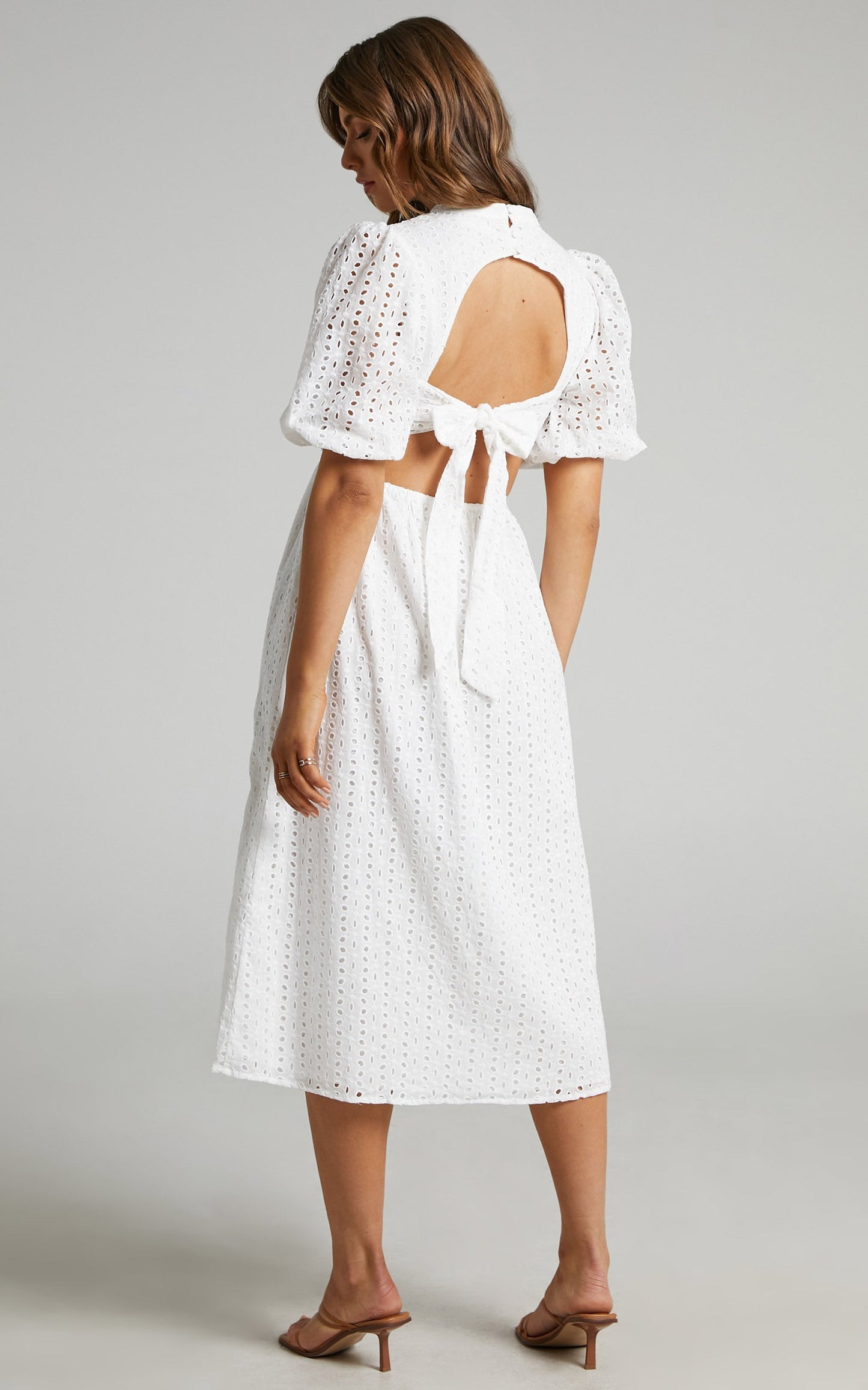 Sia Embroidered Puff Sleeve Open Back Midi Dress in White