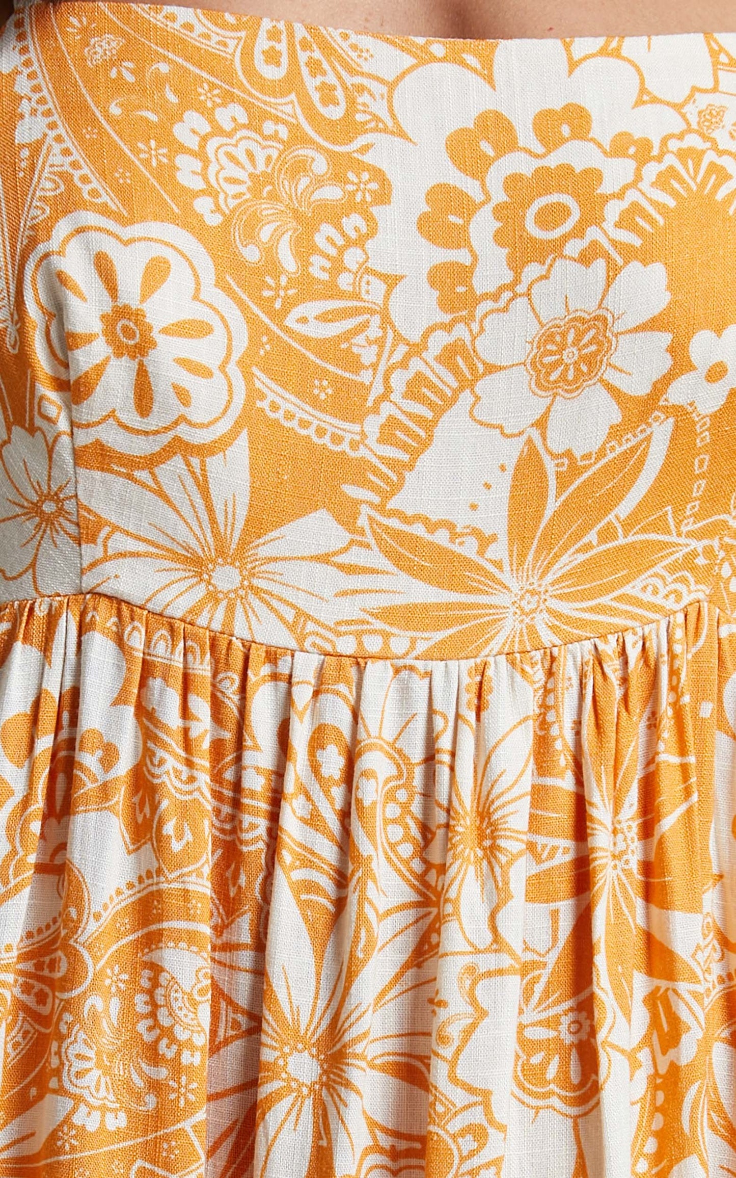 Gyah Midi Dress - Linen Square Neck Low Back Tiered Dress in Rust Paisley
