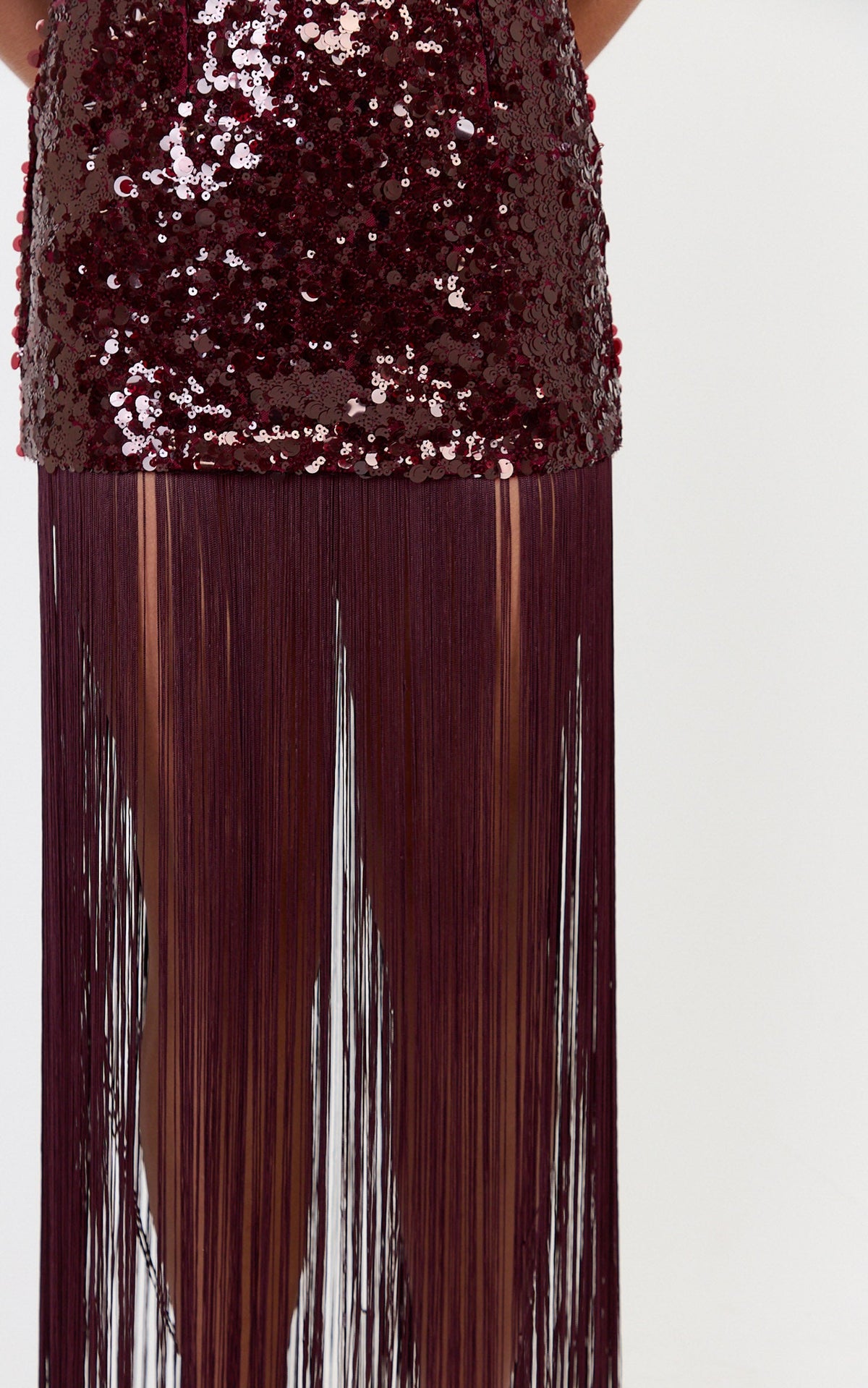 Amelia Maxi Dress - Strapless Sequin Dress With Fringe Skirt in Wine