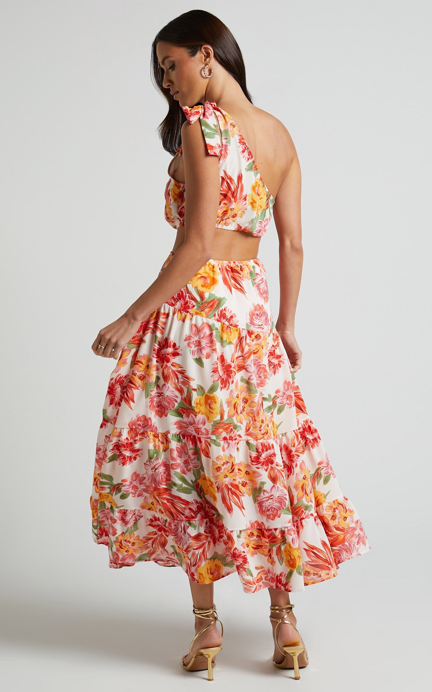 Amabella Midi Linen Blend Dress - Tie One Shoulder Cut Out Dress in Orange Floral
