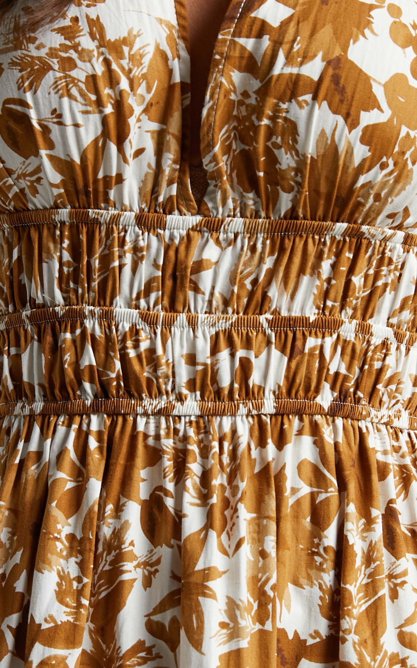 Abbie Neck Puff Sleeves Midi Dress in Tan Floral