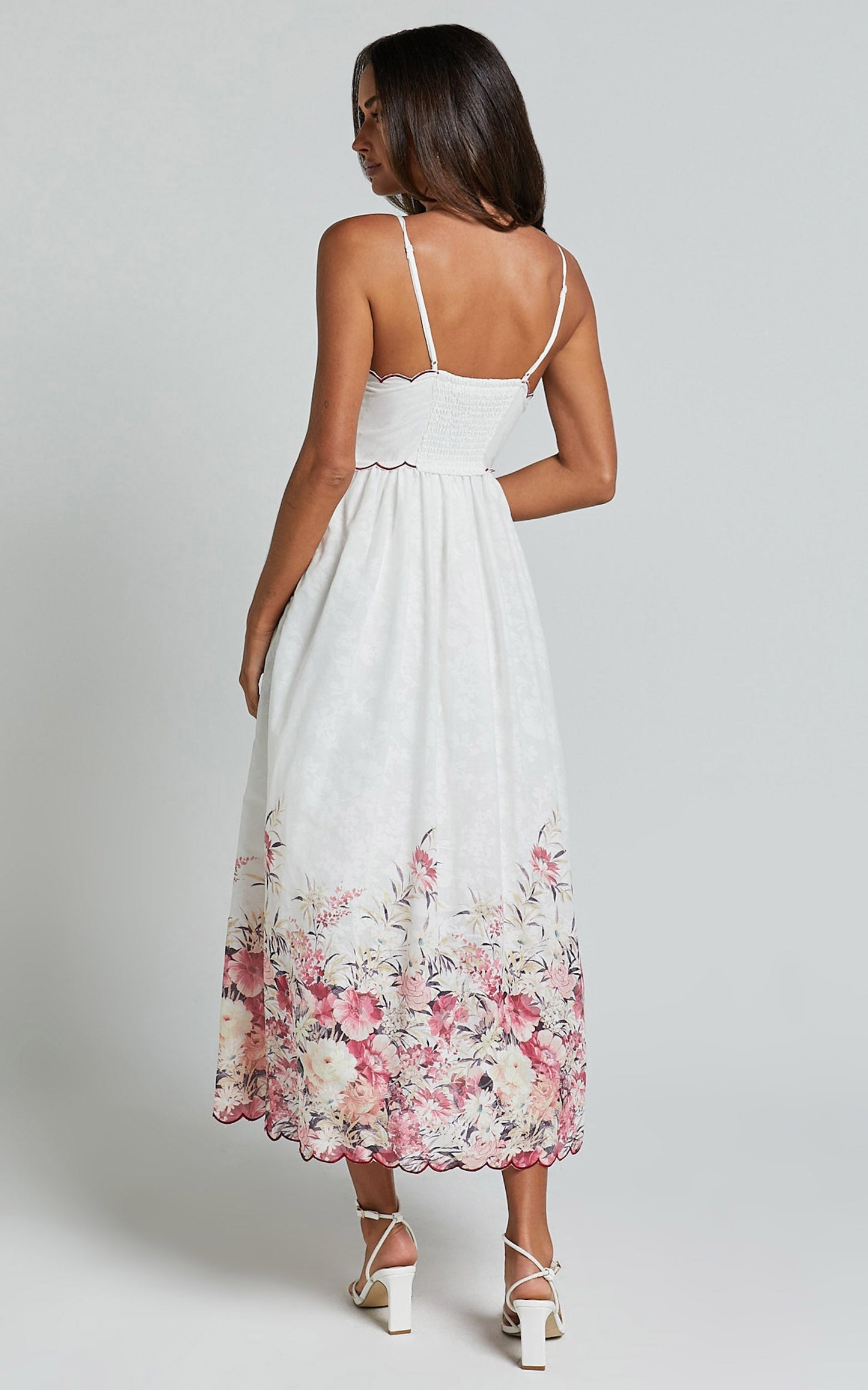 Abellina Midi Dress - Spaghetti Strap Sundress With Contrasting Wave Stitching in White