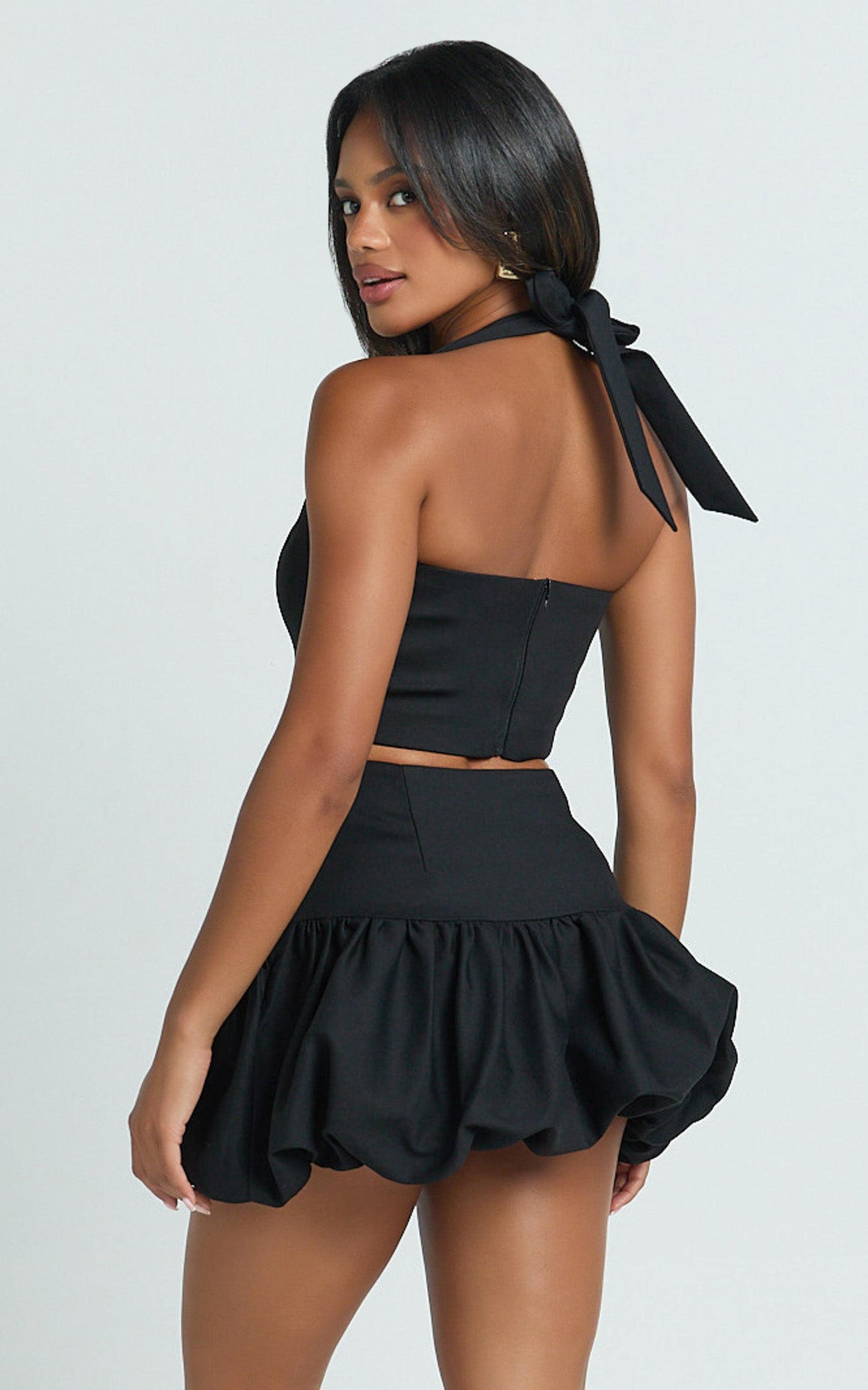 Abellina Mini Skirt - High Waist Bubble Hem Skirt in Black
