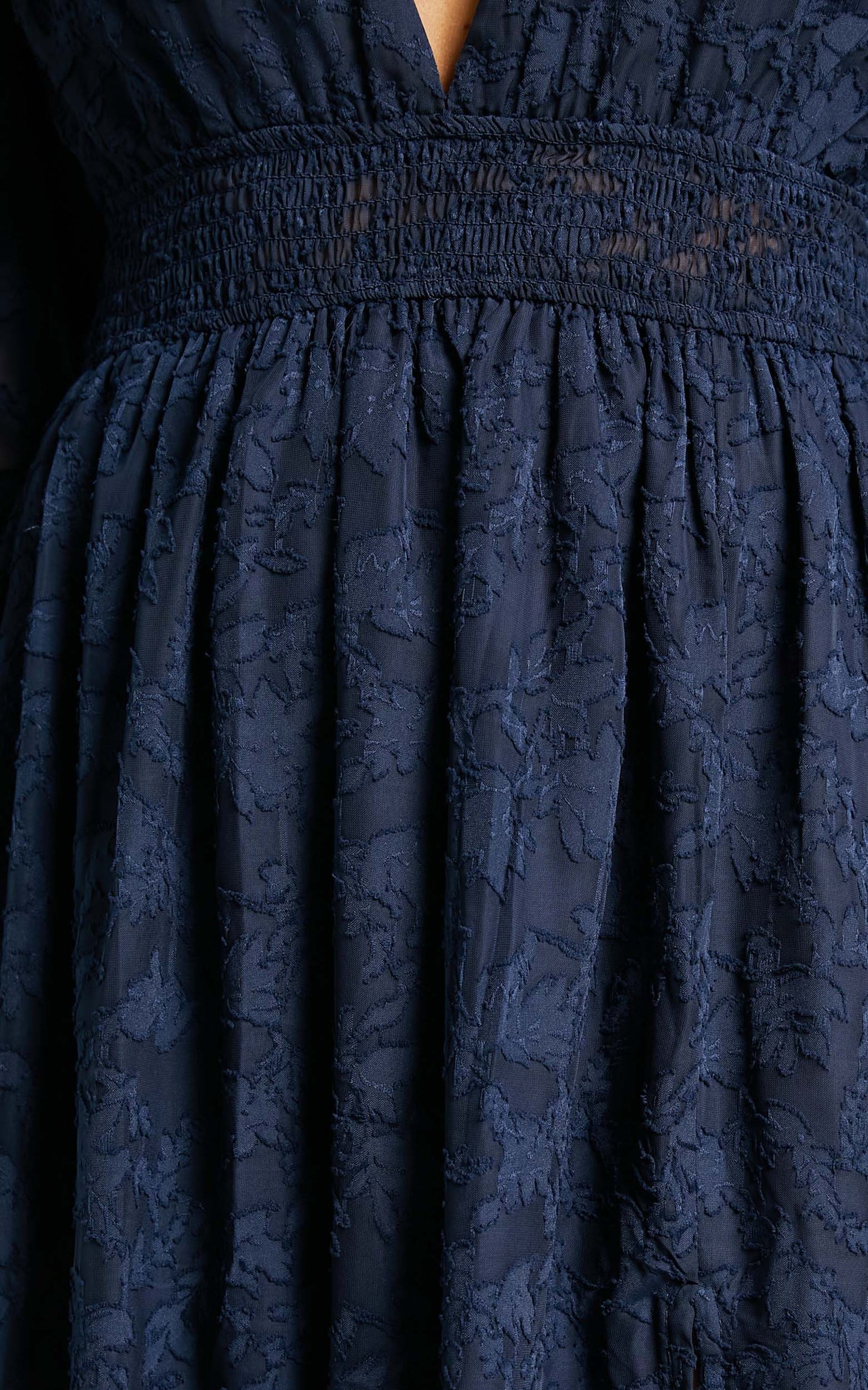 Abellita Midi Dress - Plunge Neck Bishop Sleeve Broderie Trim Dress in Navy